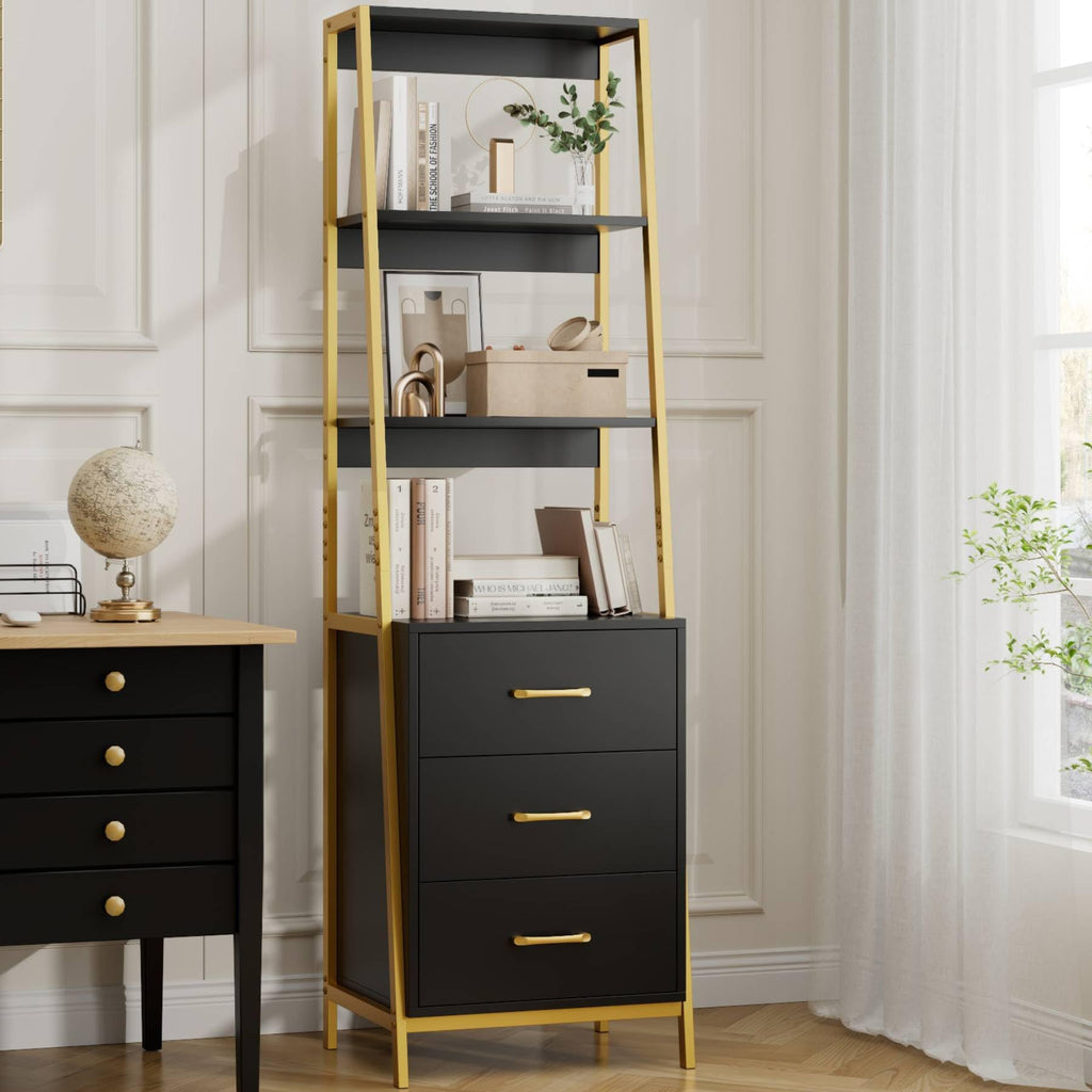 HITHOS Black Gold 4-Tier Bookshelf, Tall Bookcase with 3 Wooden Drawers, Modern Ladder Book Shlef Storage Organizer for Living Room, Entryway, Office