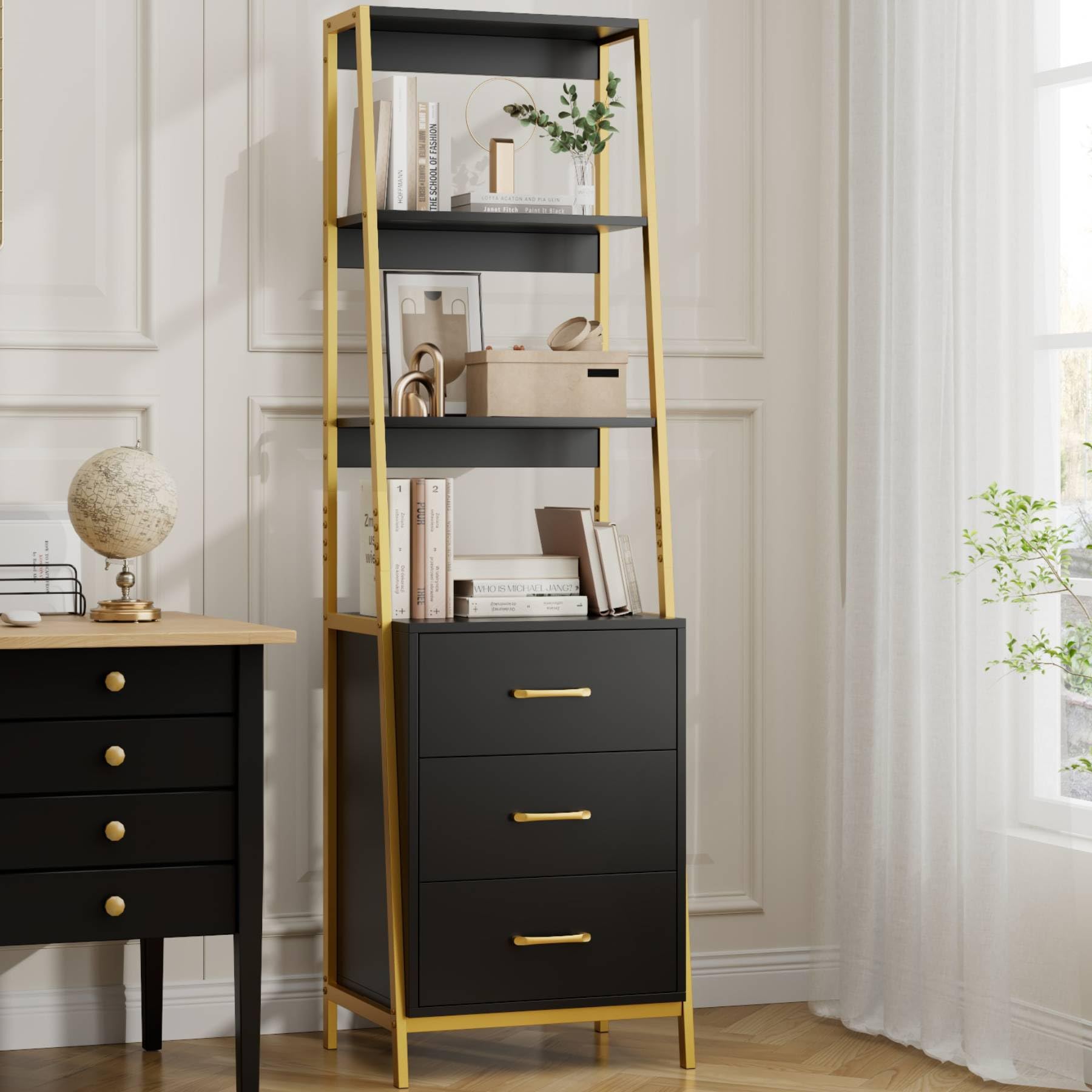 HITHOS Black Gold 4-Tier Bookshelf, Tall Bookcase with 3 Wooden Drawers, Modern Ladder Book Shlef Storage Organizer for Living Room, Entryway, Office