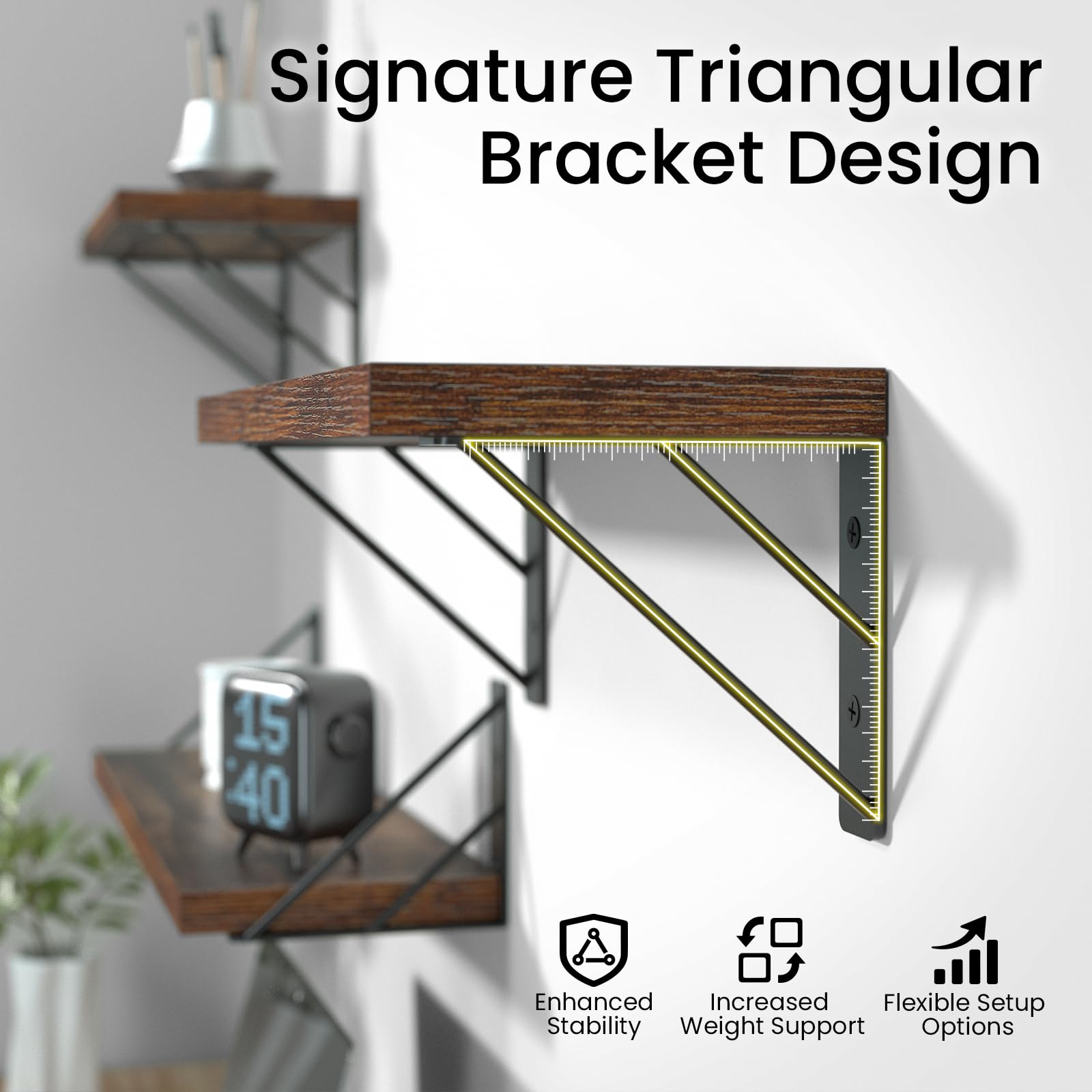 BAYKA Floating Shelves for Bedroom Decor, Wall Shelves for Storage, Wall Mounted Rustic Wood Floating Shelf for Books,Corner Shelf for Bathroom,Kitchen,Living Room(Black and Gold，Set of 4)