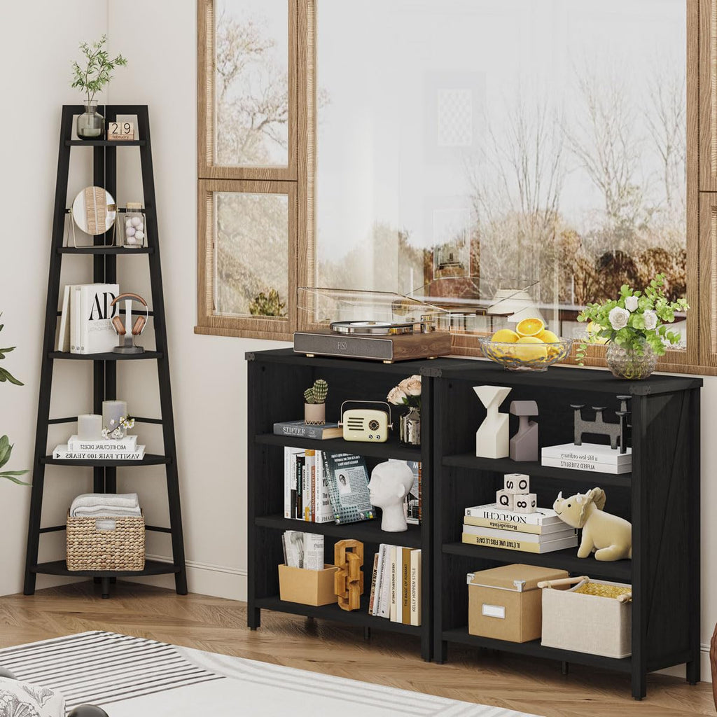 BON AUGURE 5-Tier Corner Ladder Shelf Stand, Black Metal Wood Corner Bookshelf, Narrow Tall Display Bookcase Shelving Unit for Living Room, Home Office, Small Space (Rustic Oak)