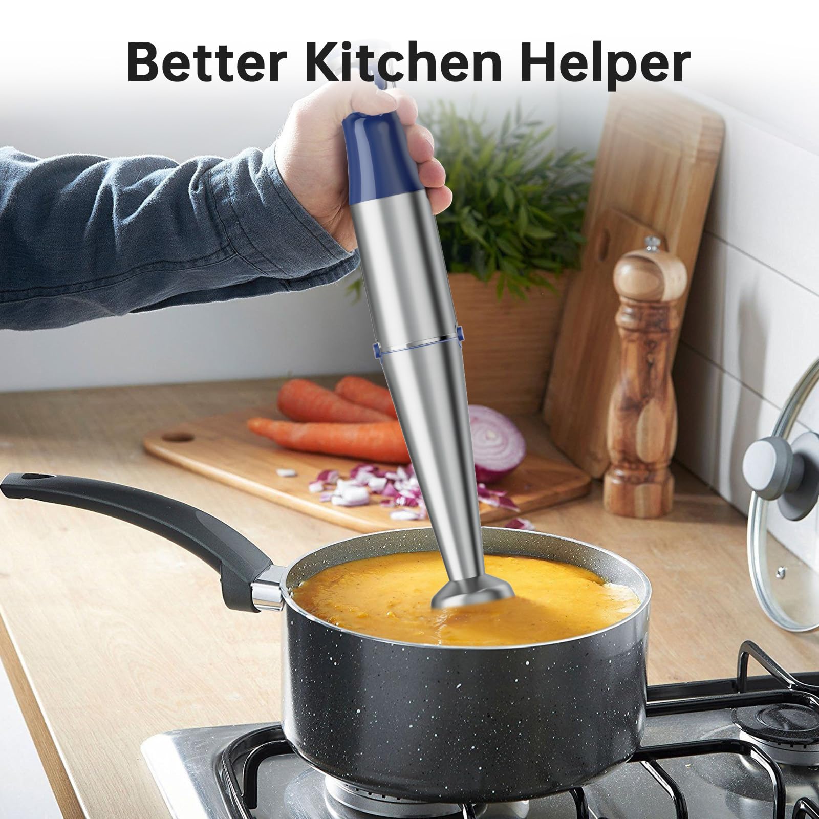 Turelar Immersion Blender Handheld Corded Hand Blenders Set 1100W, Trigger Variable Speed 5 in 1 Stick Emulsifier with Chopper, Whisk and Frother for Soup, Baby Food and Smoothies, Navy Blue