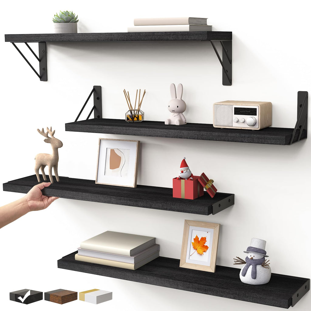 BAYKA Floating Shelves for Bedroom Decor, Wall Shelves for Storage, Wall Mounted Rustic Wood Floating Shelf for Books,Corner Shelf for Bathroom,Kitchen,Living Room(Black and Gold，Set of 4)