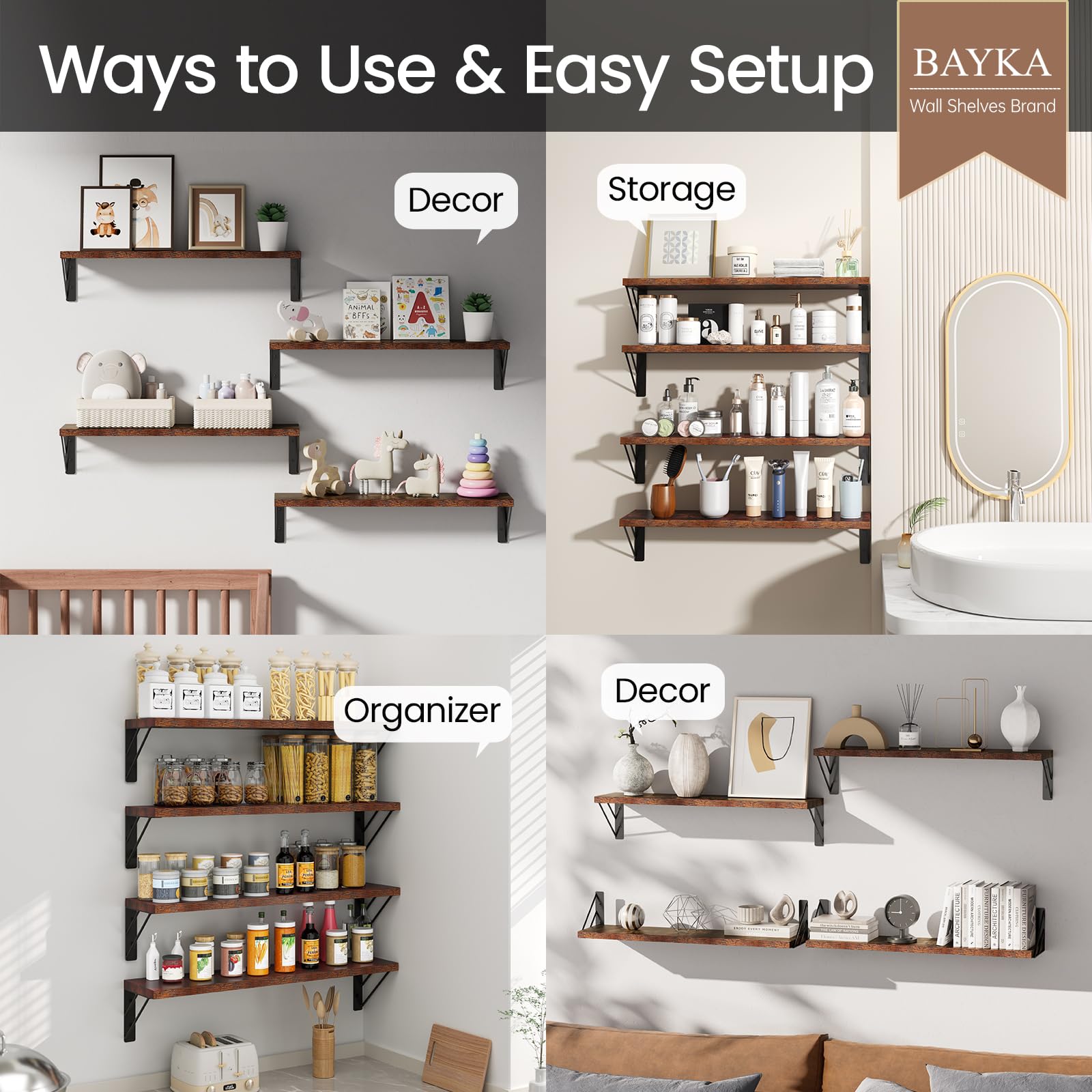 BAYKA Floating Shelves for Bedroom Decor, Wall Shelves for Storage, Wall Mounted Rustic Wood Floating Shelf for Books,Corner Shelf for Bathroom,Kitchen,Living Room(Black and Gold，Set of 4)