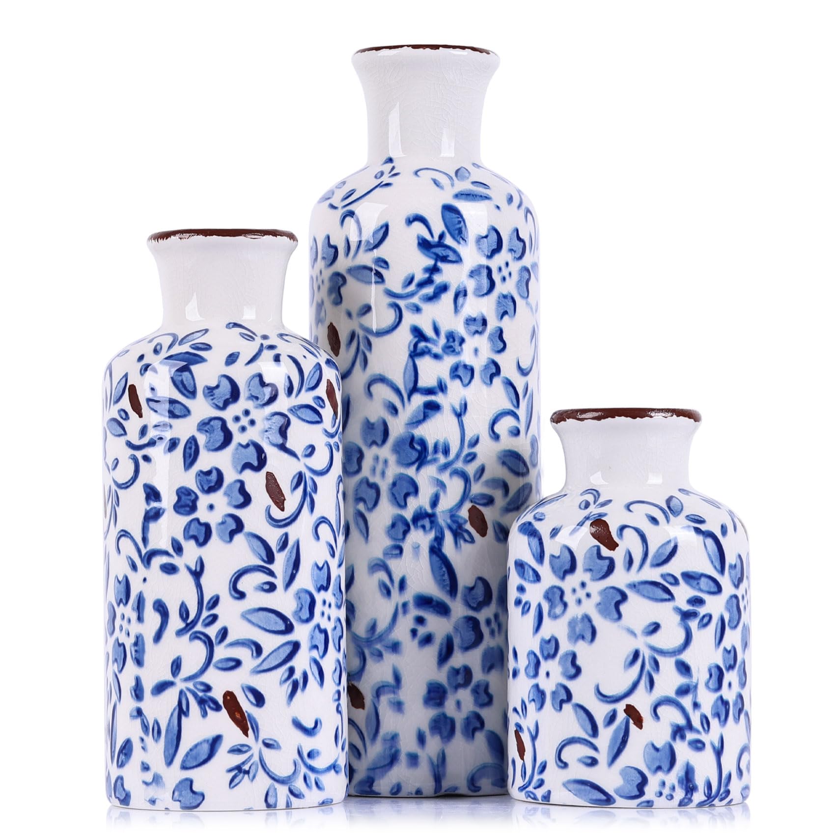 Blue Ceramic Vase Set - 3 Blue Small Vases, Farmhouse Country Flower Vase Home Decor, Living Room Decoration, Table Decoration, Fireplace Decor, and Entrance Decorations Centerpieces