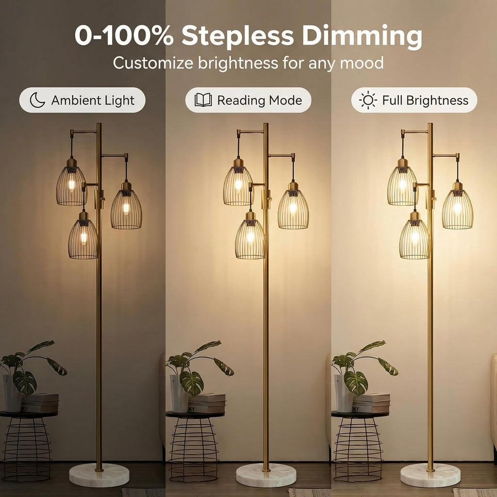 Dimmable Floor Lamp, Industrial Floor Lamps for Living Room, Gold Tree Lamp Standing Lamp Tall Lamps with 3 Elegant Teardrop Cage Head & 800 Lumens LED Bulbs for Living room Bedroom Office Dining Room