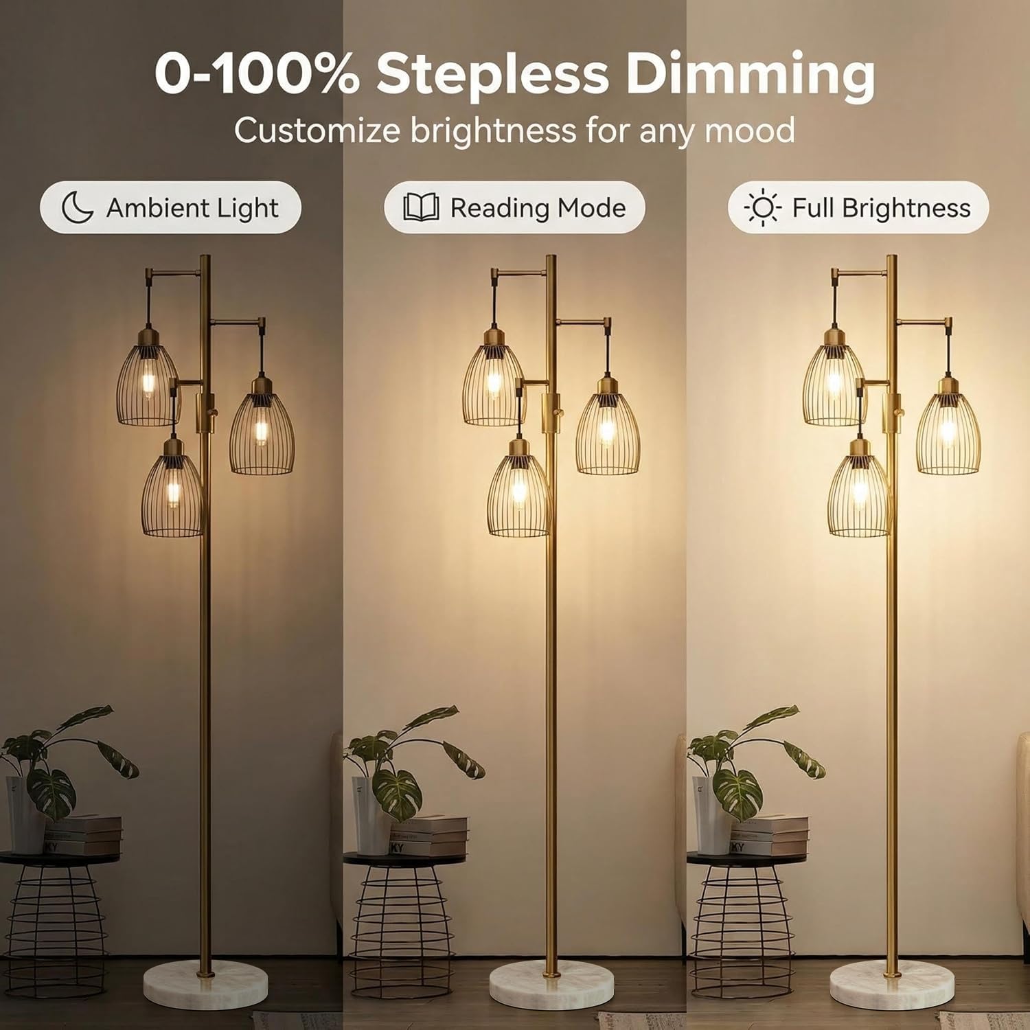 Dimmable Floor Lamp, Industrial Floor Lamps for Living Room, Gold Tree Lamp Standing Lamp Tall Lamps with 3 Elegant Teardrop Cage Head & 800 Lumens LED Bulbs for Living room Bedroom Office Dining Room