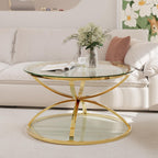 32" Tempered Glass Round Coffee Table Modern Gold Frame Ring Base Single-Layer Circle Living Room Center Tables