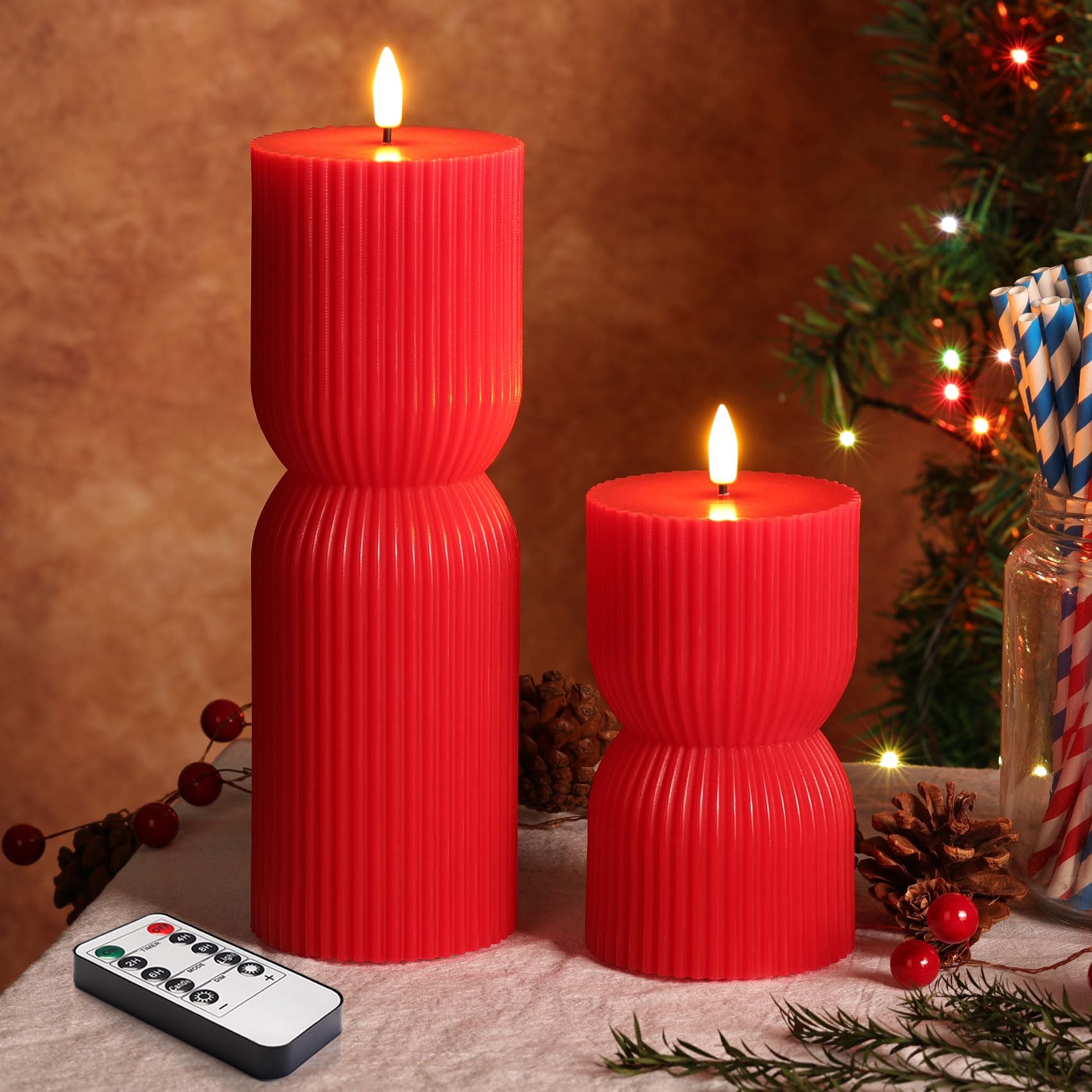 Olive Green Ribbed Flameless Pillar Candles with Remote, LED Candles Battery Operated Flickering Real Wax Set of 2