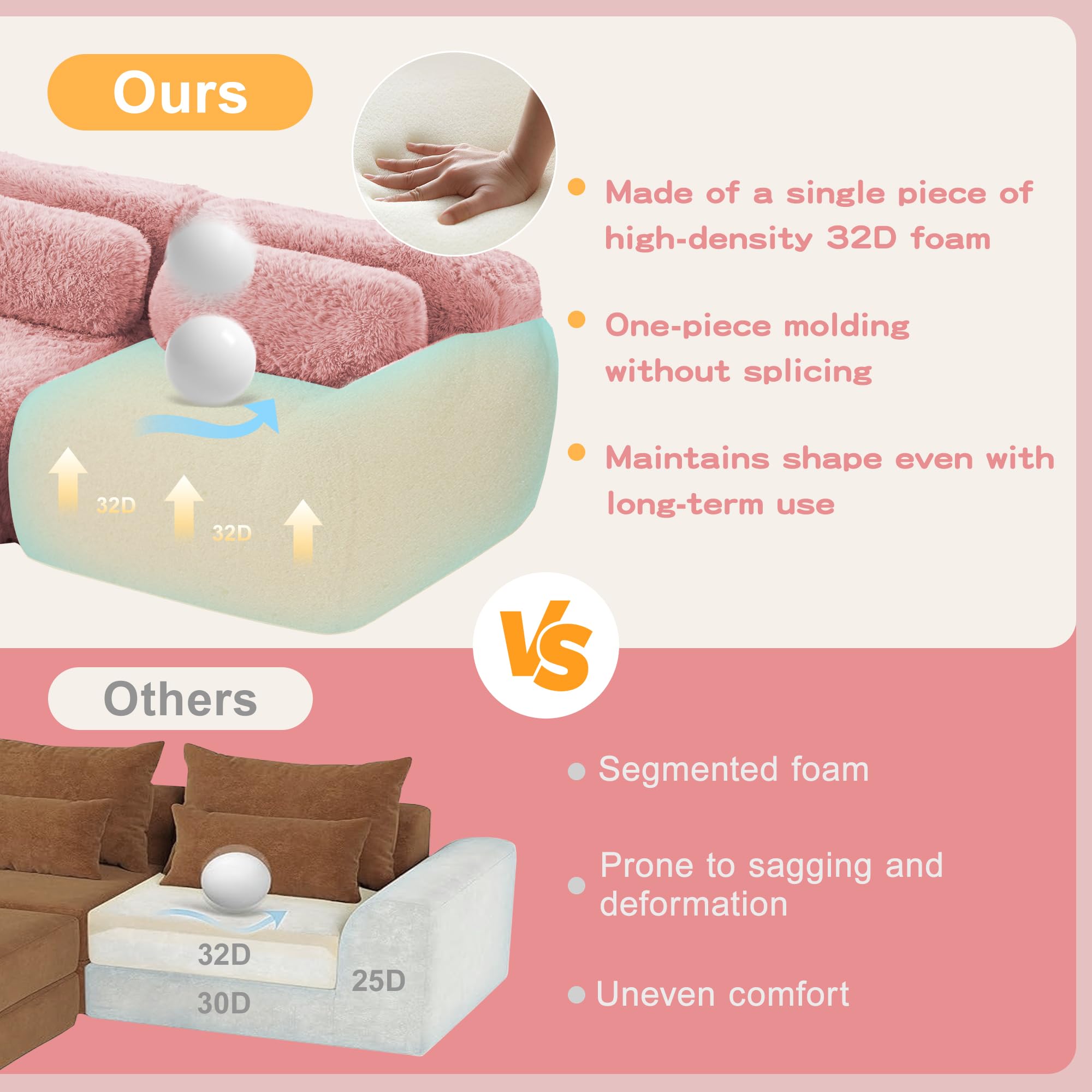 98.4-Inch Oversized Boneless Cloud Couches Deep Seat Foam Sofa Couch with 2 Round Toss Pillows, Luxury Corduroy Upholstered 3 Seat Tufted Loveseat, Cloud Sofa in a Box