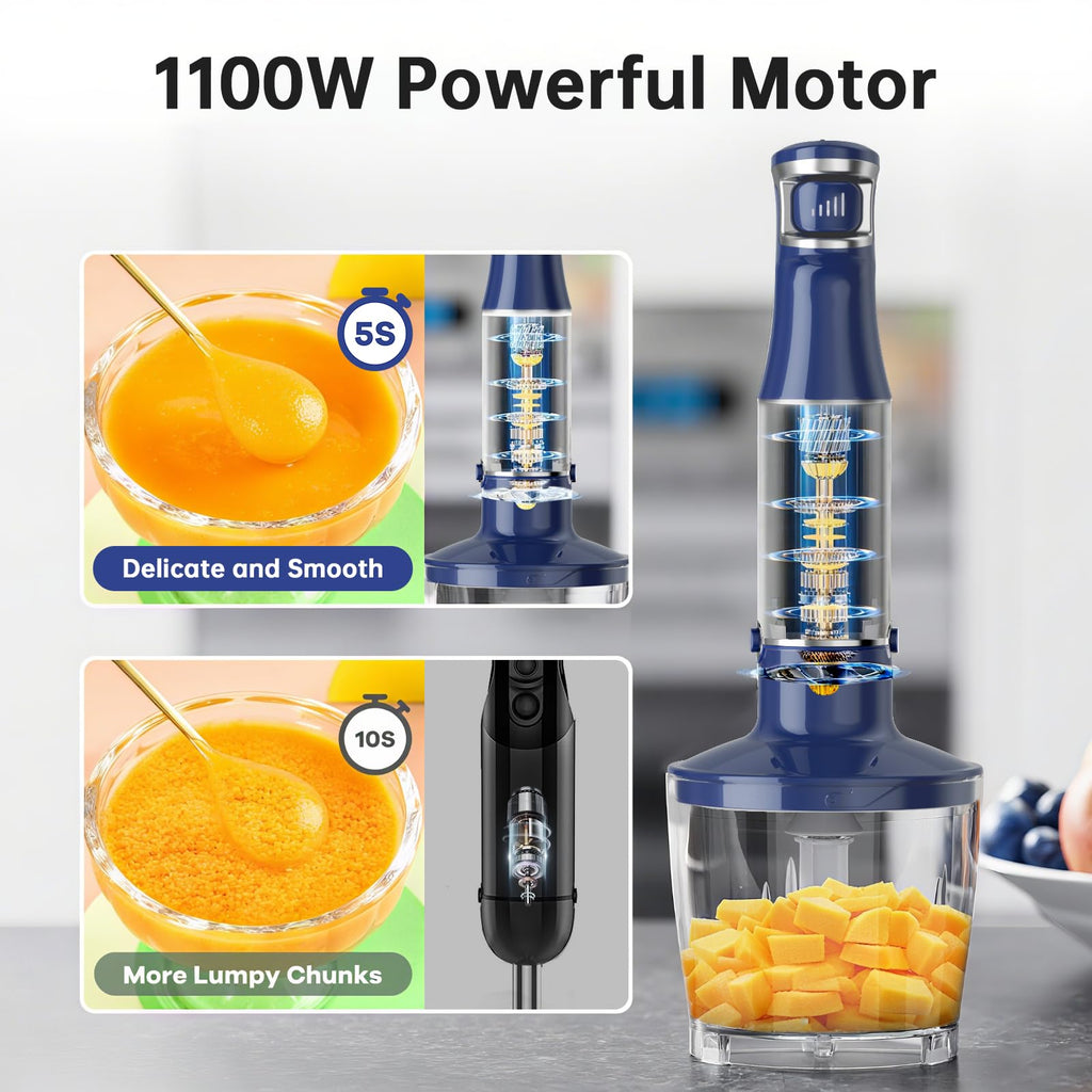 Turelar Immersion Blender Handheld Corded Hand Blenders Set 1100W, Trigger Variable Speed 5 in 1 Stick Emulsifier with Chopper, Whisk and Frother for Soup, Baby Food and Smoothies, Navy Blue