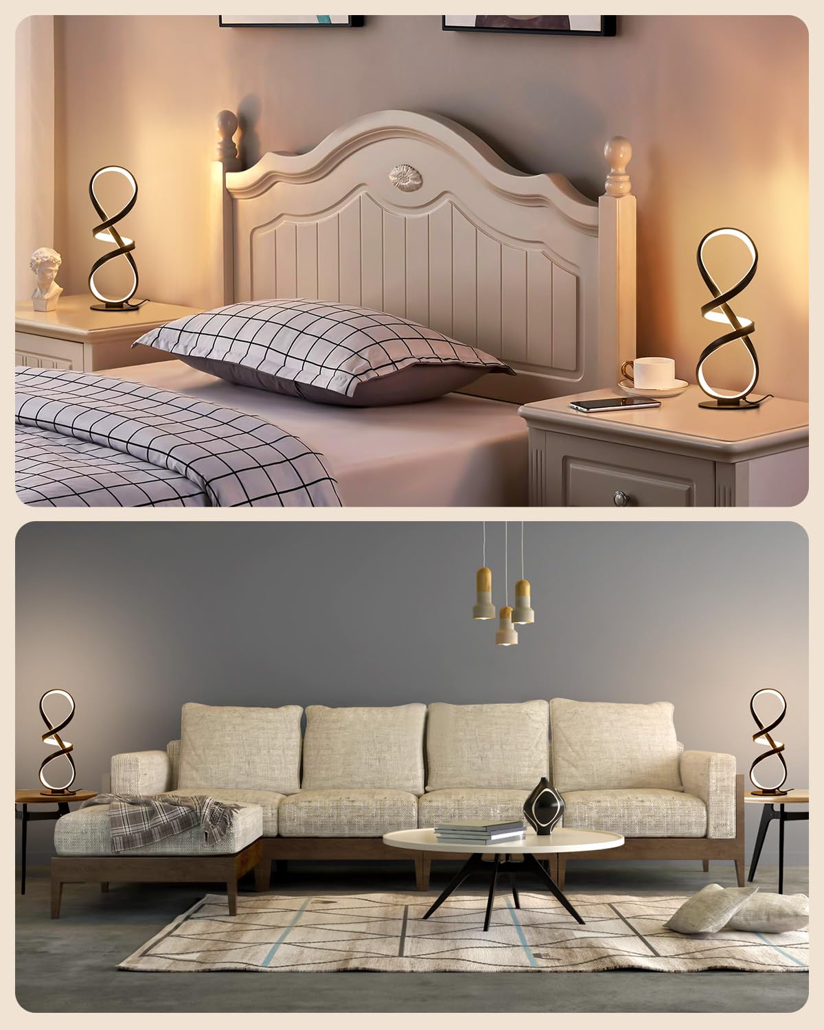 2 Pack LED Touch Dimmable Spiral Desk Lamp, 3 Color Temperature Modern Nightstand Lamp, Unique Bedside Table Lamp for Living Room, Bedroom, Cool Lamps for Ideal Gift, Gold