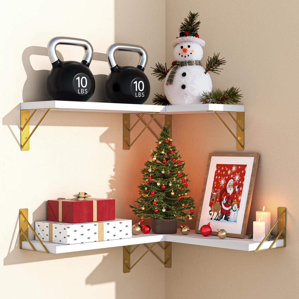 BAYKA Floating Shelves for Bedroom Decor, Wall Shelves for Storage, Wall Mounted Rustic Wood Floating Shelf for Books,Corner Shelf for Bathroom,Kitchen,Living Room(Black and Gold，Set of 4)