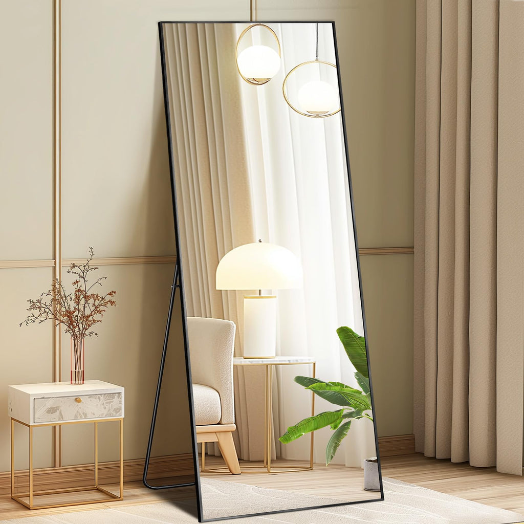 DUMOS Arched Full Length Mirror with Stand 64"x21" Floor Standing Aluminum Frame for Bedroom Body Hanging Leaning Modern Simple Home Decor Shatter-proorf Nano Glass Wall Living Room Cloakroom Black