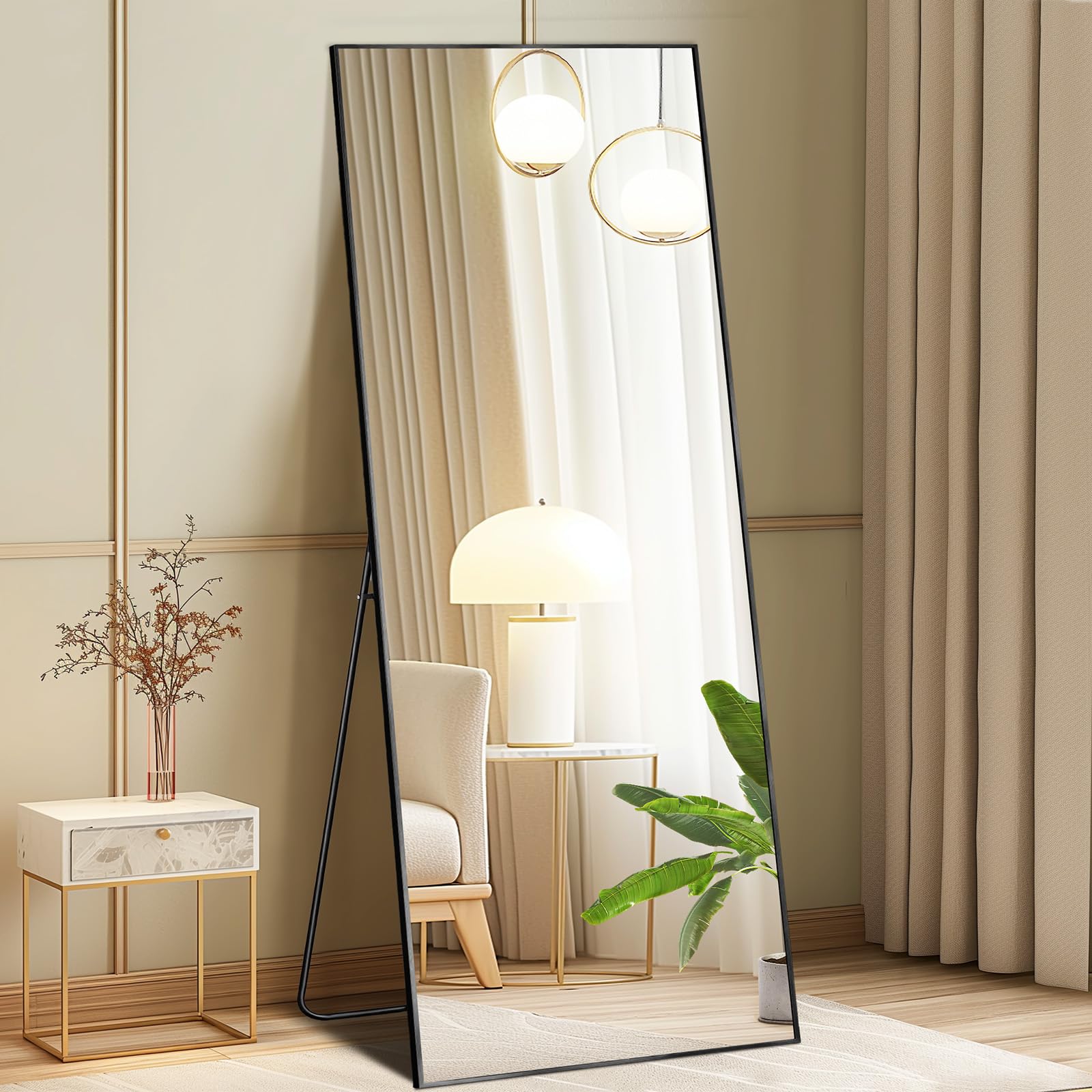 DUMOS Arched Full Length Mirror with Stand 64"x21" Floor Standing Aluminum Frame for Bedroom Body Hanging Leaning Modern Simple Home Decor Shatter-proorf Nano Glass Wall Living Room Cloakroom Black