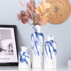 Blue Ceramic Vase Set - 3 Blue Small Vases, Farmhouse Country Flower Vase Home Decor, Living Room Decoration, Table Decoration, Fireplace Decor, and Entrance Decorations Centerpieces