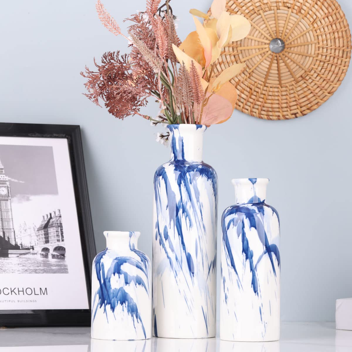 Blue Ceramic Vase Set - 3 Blue Small Vases, Farmhouse Country Flower Vase Home Decor, Living Room Decoration, Table Decoration, Fireplace Decor, and Entrance Decorations Centerpieces