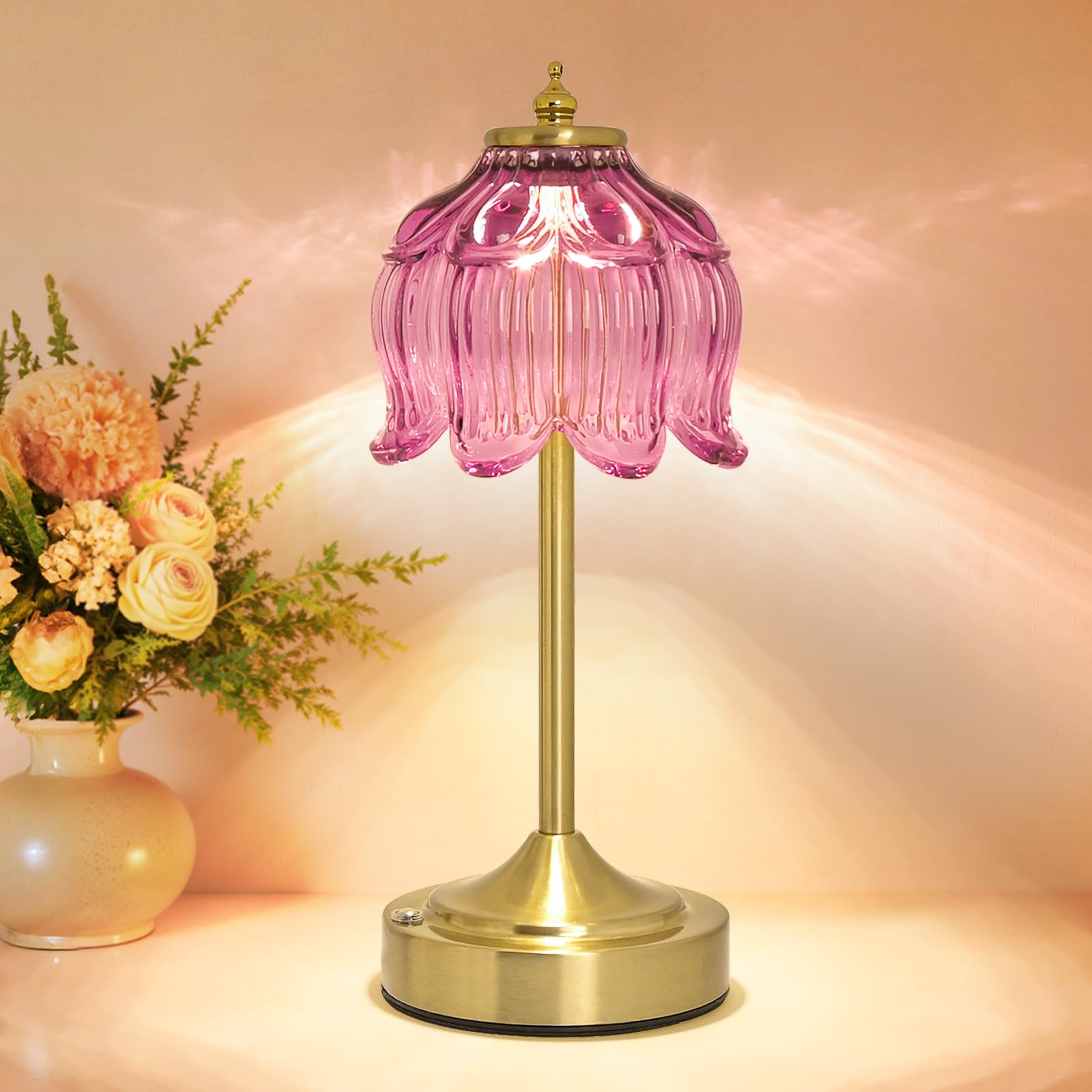 Cordless Lotus Flower Table Lamp, 5200mAh Rechargeable Battery Operated Portable Lamp, 3-Color Dimmable Touch Control Small Desk Lamp for Bedroom, Office, Kitchen, Nightstand,Room Decor (Flower Amber)