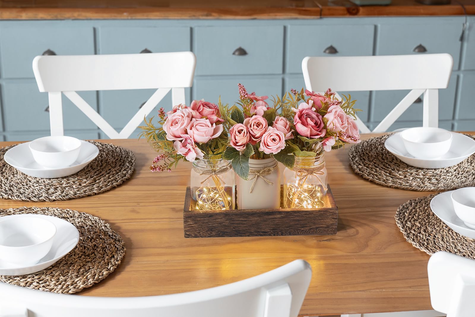 Mkono Mason Jar Lights Centerpiece Table Decor for Dining Room Farmhouse Wood Tray with 3 Jars Flowers Valentines Day Decoration for Coffee Table Kitchen Living Room Wedding