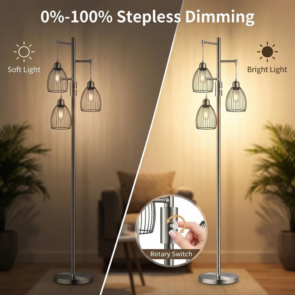 Dimmable Floor Lamp, Industrial Floor Lamps for Living Room, Gold Tree Lamp Standing Lamp Tall Lamps with 3 Elegant Teardrop Cage Head & 800 Lumens LED Bulbs for Living room Bedroom Office Dining Room
