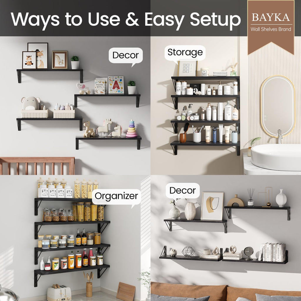BAYKA Floating Shelves for Bedroom Decor, Wall Shelves for Storage, Wall Mounted Rustic Wood Floating Shelf for Books,Corner Shelf for Bathroom,Kitchen,Living Room(Black and Gold，Set of 4)