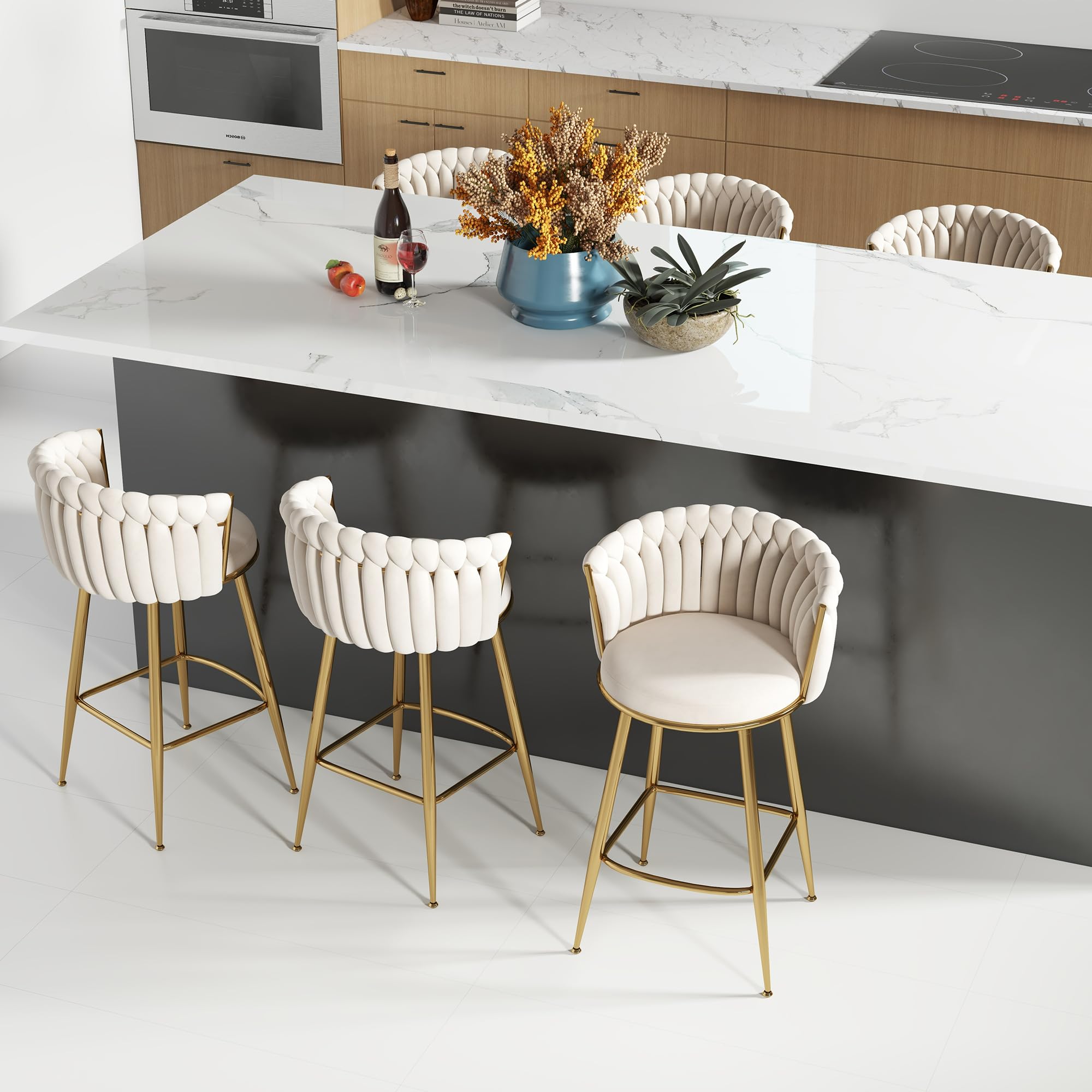 ABET Gold Bar Stool Set of 2, Velvet Swivel Barstools, Height Adjustable Counter Stools with Woven Back, Upholstered Modern Luxury Kitchen Stools with Footrest for Cafe, Pub, Black