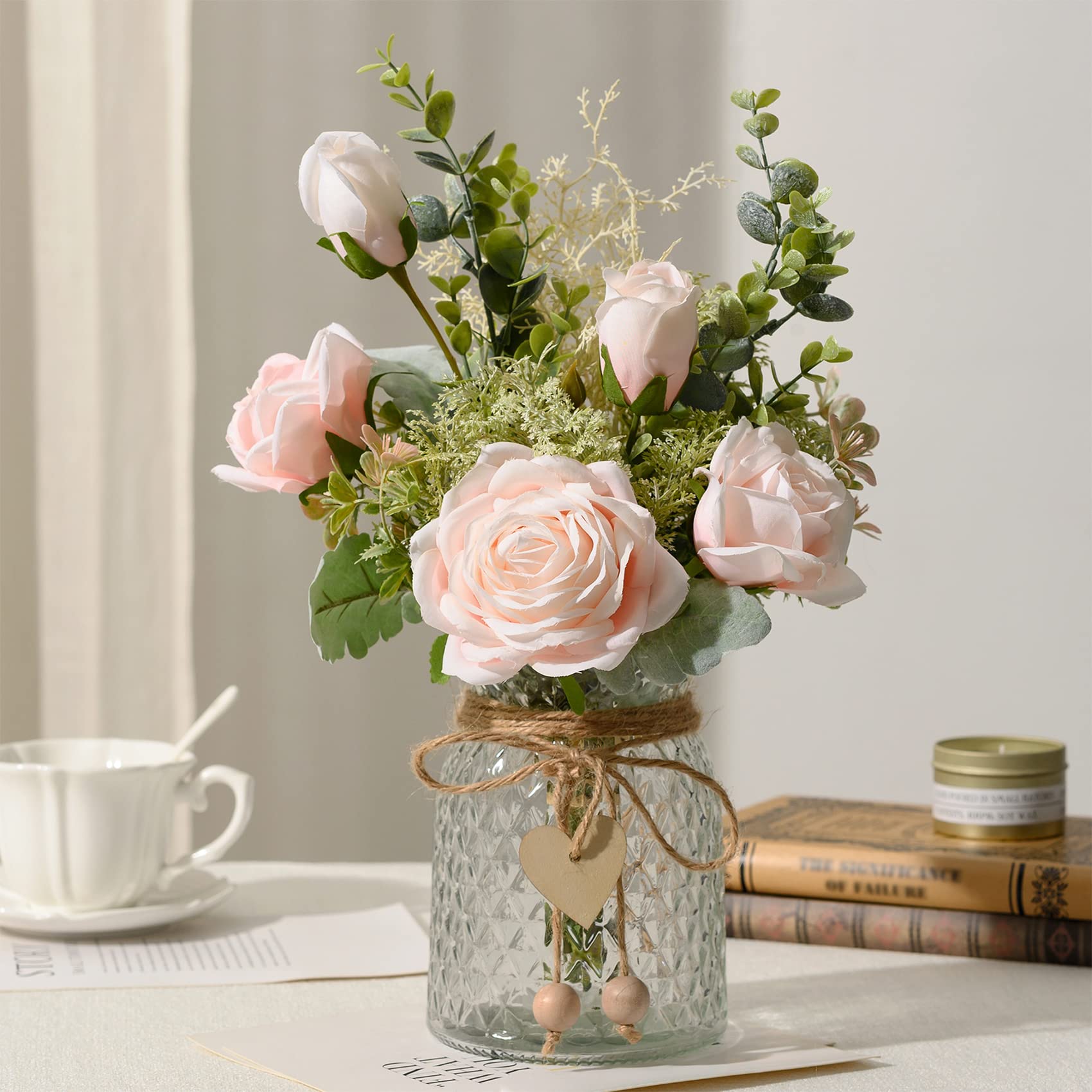 YJ Fake Flowers with Vase, Silk Roses Artificial Flowers in Vase, Faux Flower Plant Arrangement Suitable for Home Office Decoration, Dining Table Centerpiece(White)
