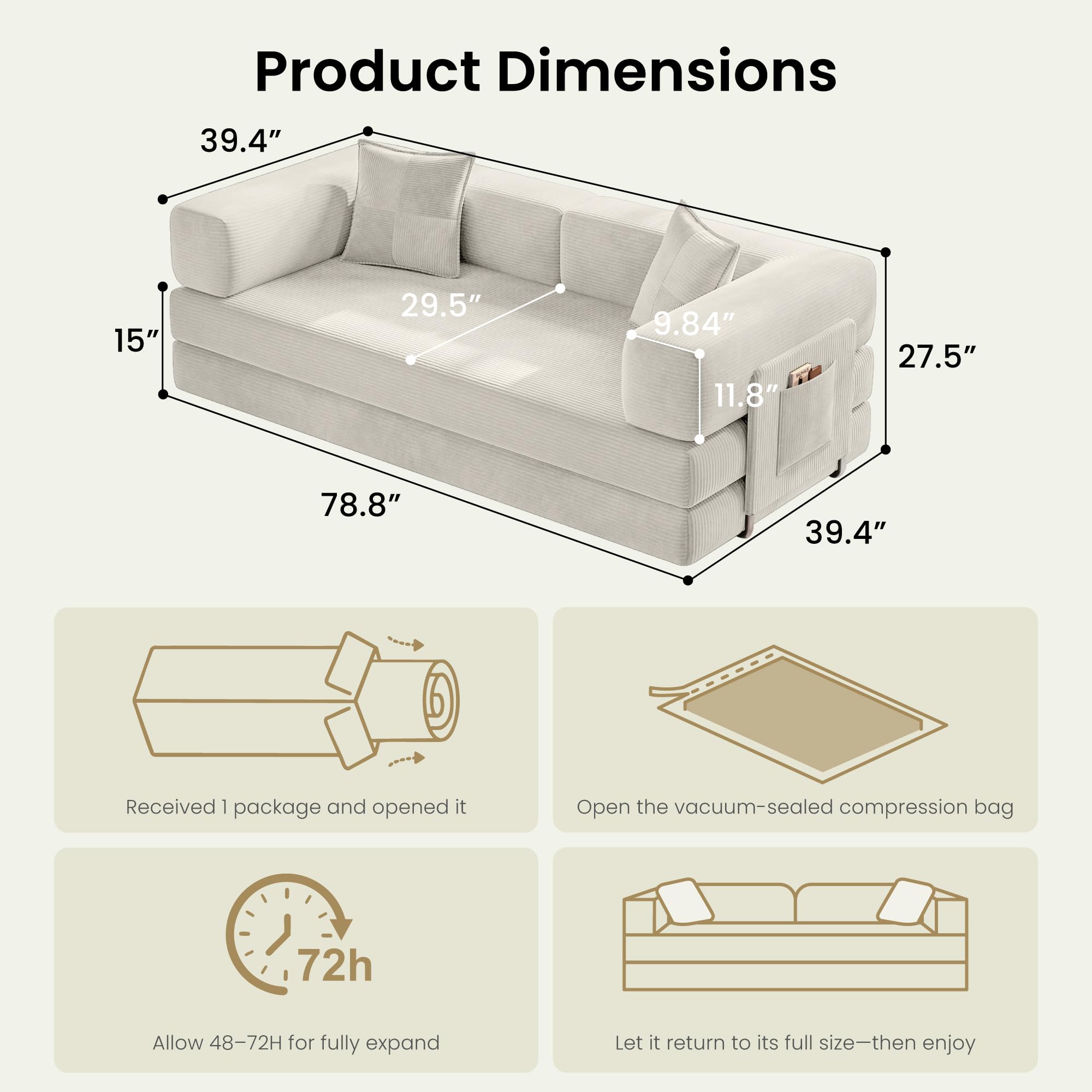 78.8" Convertible Futon Sofa Bed,Corduroy Futon Couch with Storage Pocket,Folding Pull Out Sofa,No Assembly Boneless Couch for Living Room | Pink