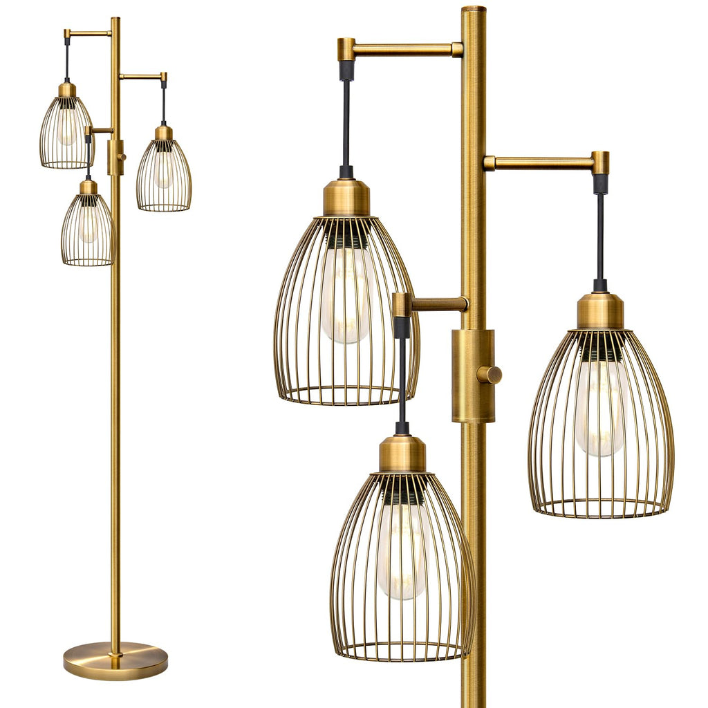 Dimmable Floor Lamp, Industrial Floor Lamps for Living Room, Gold Tree Lamp Standing Lamp Tall Lamps with 3 Elegant Teardrop Cage Head & 800 Lumens LED Bulbs for Living room Bedroom Office Dining Room
