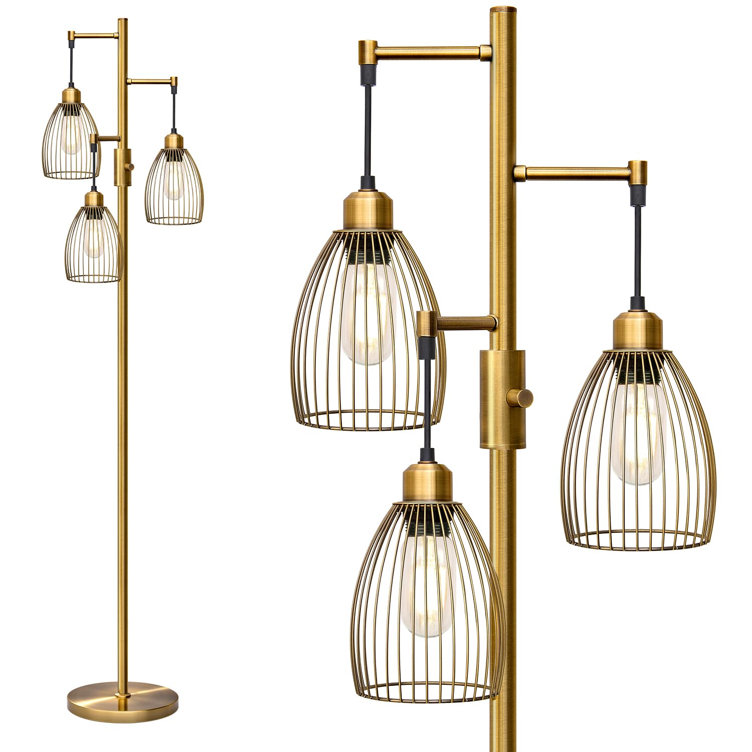 Dimmable Floor Lamp, Industrial Floor Lamps for Living Room, Gold Tree Lamp Standing Lamp Tall Lamps with 3 Elegant Teardrop Cage Head & 800 Lumens LED Bulbs for Living room Bedroom Office Dining Room
