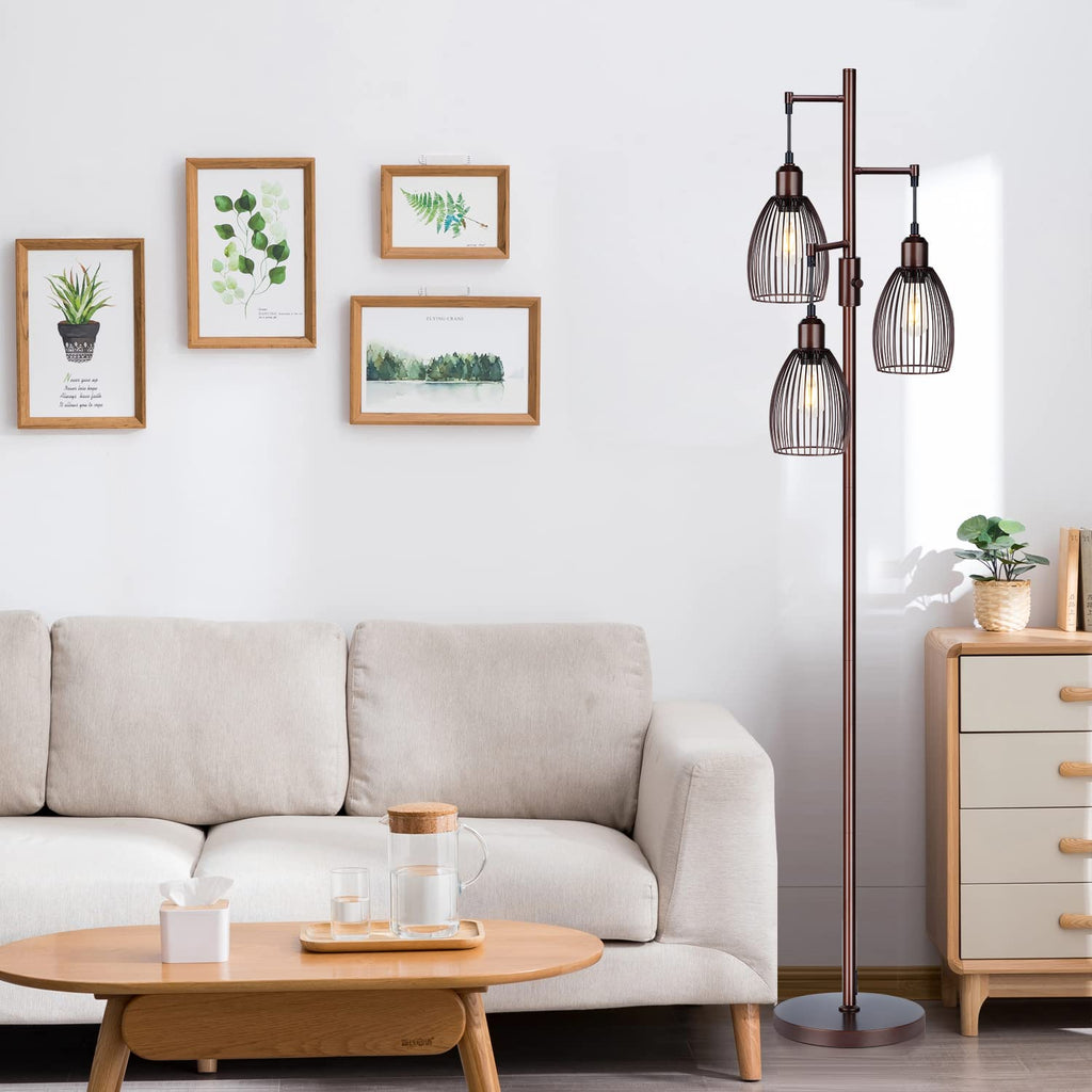 Dimmable Floor Lamp, Industrial Floor Lamps for Living Room, Gold Tree Lamp Standing Lamp Tall Lamps with 3 Elegant Teardrop Cage Head & 800 Lumens LED Bulbs for Living room Bedroom Office Dining Room