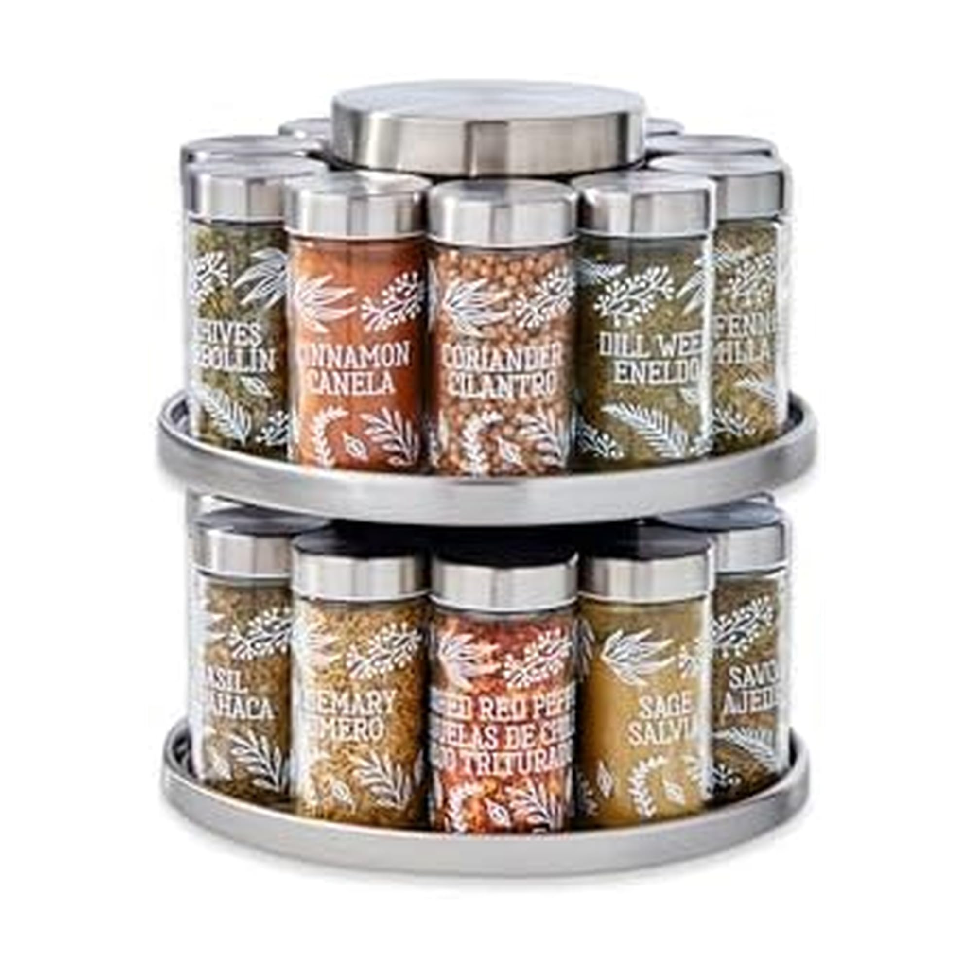 Kamenstein 20 Jar Revolving Countertop Spice Rack with Spices Included, FREE Spice Refills for 5 Years, Polished Stainless Steel with Black Caps, 30020