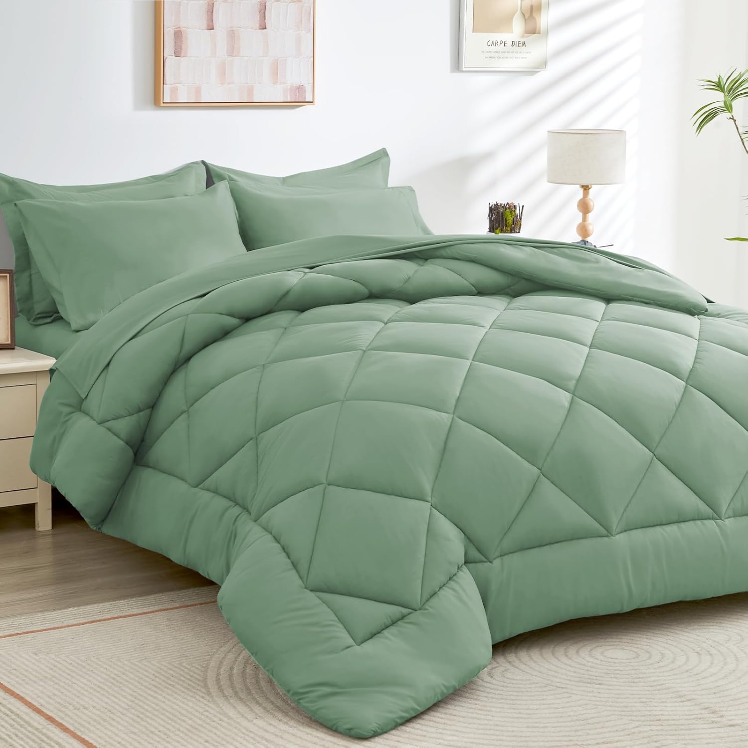 HEVUMYI 7 Pieces Queen Comforter Set, All Season Reversible Bed in a Bag, Ultra Soft Queen Bedding Set with Grey Comforter, Flat Sheet, Fitted Sheet, Pillowcases, Pillow Shams, Dark Grey