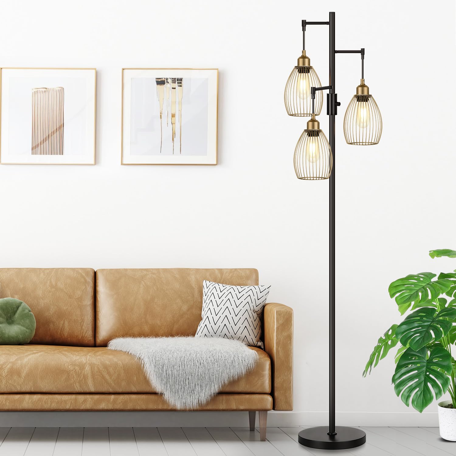 Dimmable Floor Lamp, Industrial Floor Lamps for Living Room, Gold Tree Lamp Standing Lamp Tall Lamps with 3 Elegant Teardrop Cage Head & 800 Lumens LED Bulbs for Living room Bedroom Office Dining Room