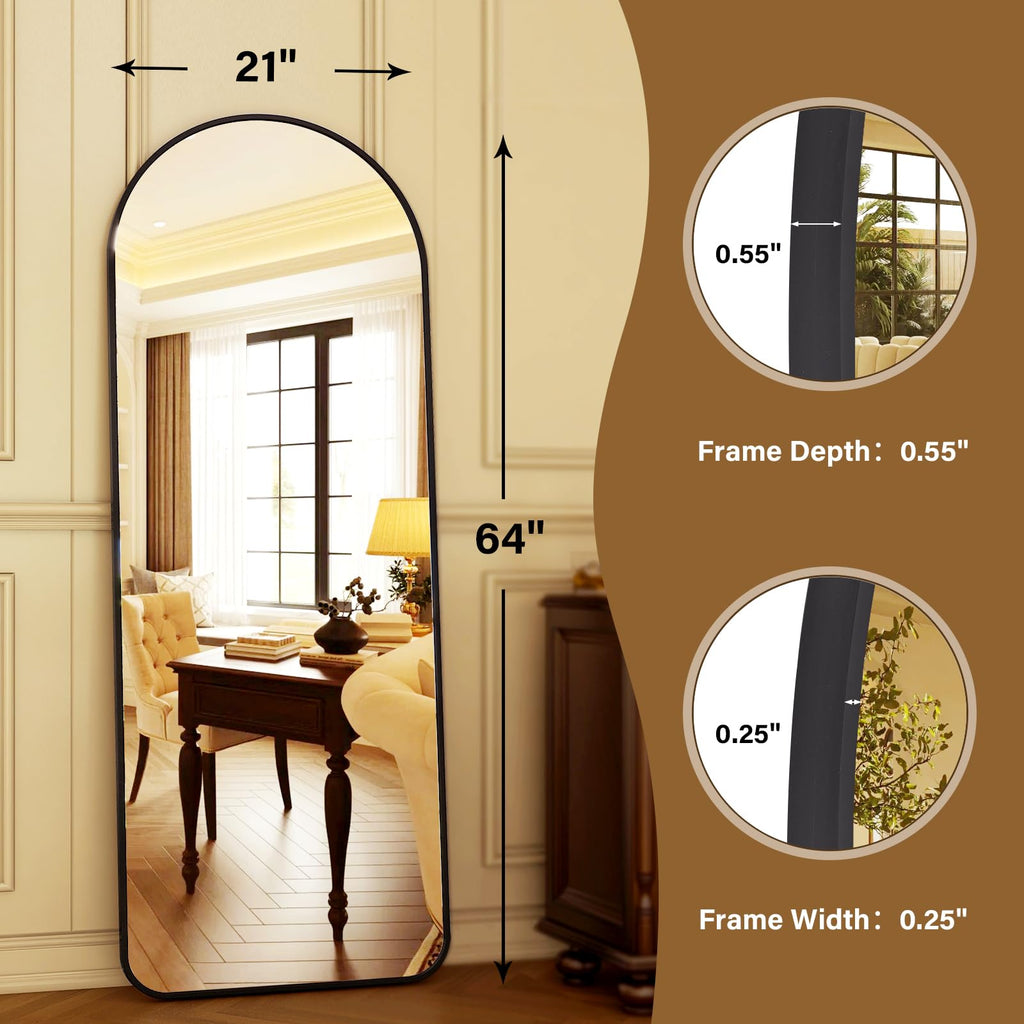 HARRITPURE 64"x21" Arched Full Length Mirror Floor Mirrors with Aluminum Alloy Frame Free-Standing Wall Mounted or Leaning Large Bedroom Dressing Mirror Modern & Contemporary Decor for Home,Black