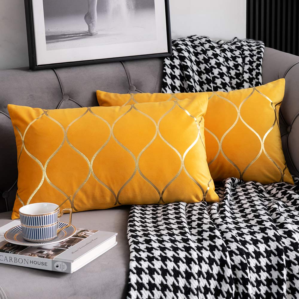 DEZENE 12x20 Inch Gold Velvet Throw Pillow Covers: 2 Pack Rectangular Decorative Pillow Cases for Bedroom Sofa Couch Living Room, Black