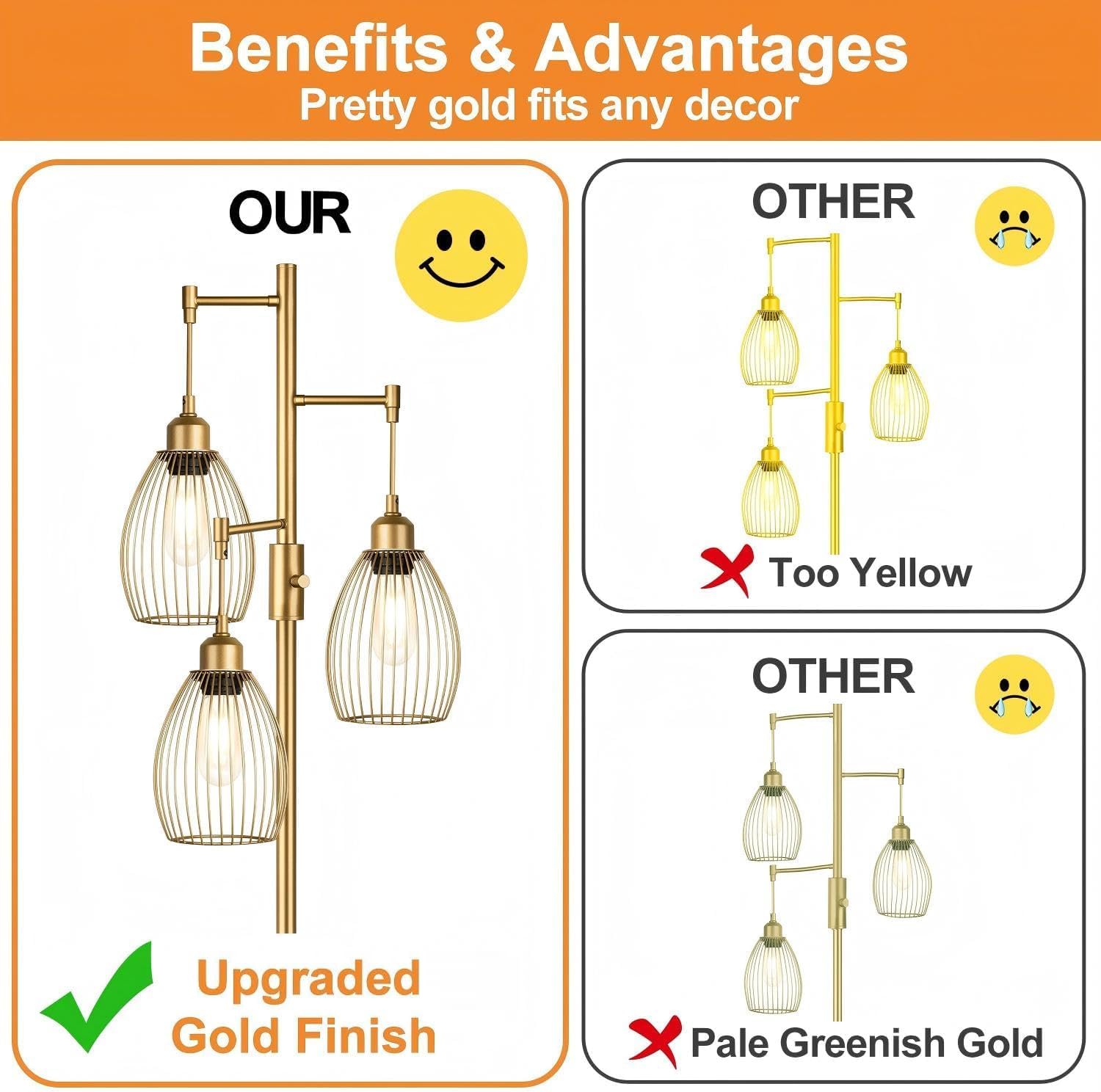 Dimmable Floor Lamp, Industrial Floor Lamps for Living Room, Gold Tree Lamp Standing Lamp Tall Lamps with 3 Elegant Teardrop Cage Head & 800 Lumens LED Bulbs for Living room Bedroom Office Dining Room