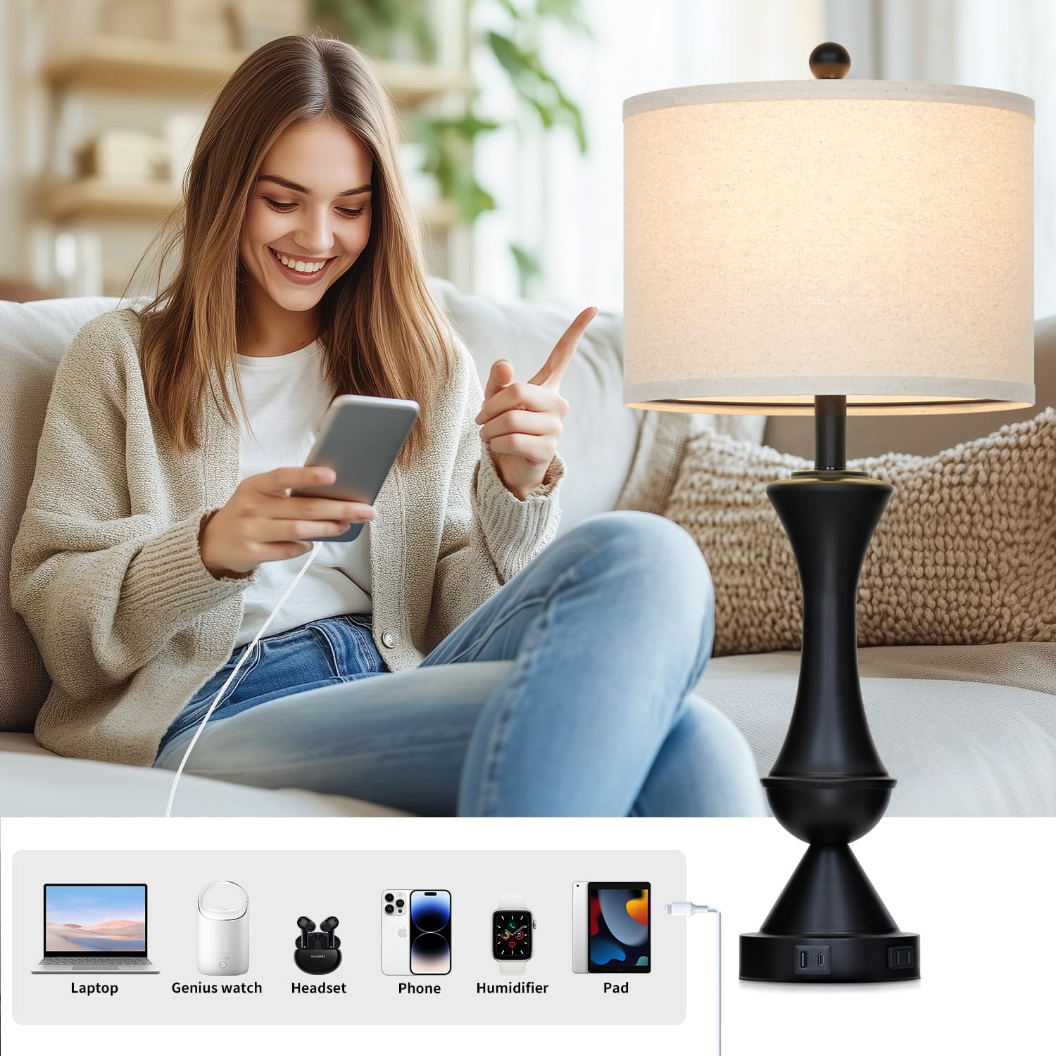 29" Gold Modern Table Lamps Set of 2, 3-Way Dimmable Touch Lamps for Nightstand with USB A+C & Outlets,Brass Lamps for Living Room, Bedroom, Nightstand, Entryway(2 Bulbs Included)