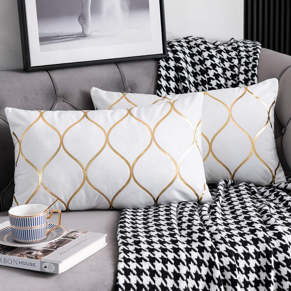 DEZENE 12x20 Inch Gold Velvet Throw Pillow Covers: 2 Pack Rectangular Decorative Pillow Cases for Bedroom Sofa Couch Living Room, Black