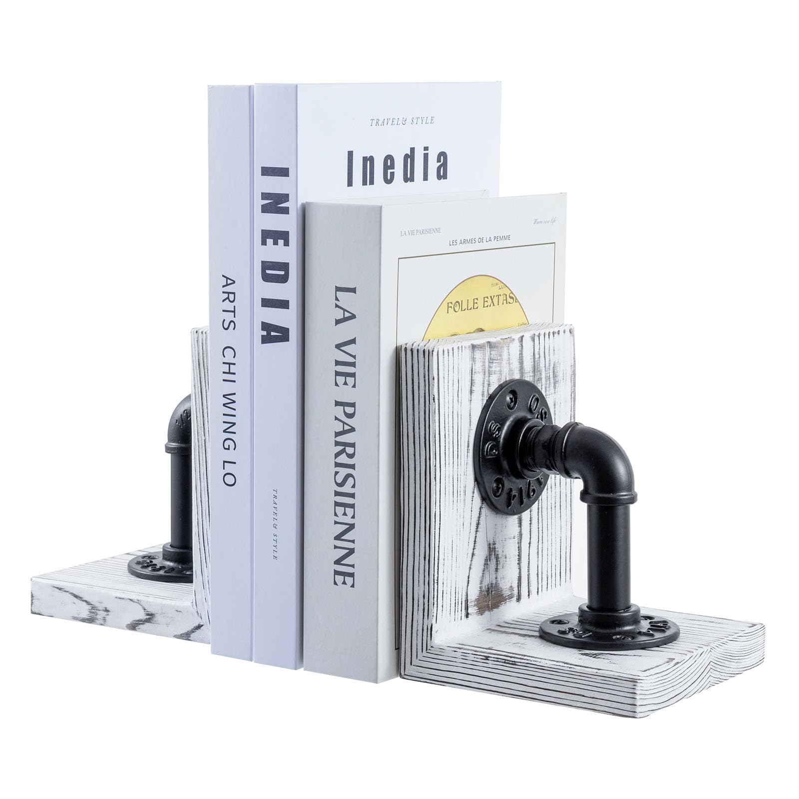 MyGift Book Ends Decorative, Bookends for Shelves, Metal Bookends for Heavy Books, Office Decor for Men, Wood Book Stopper, Realistic Industrial Pipe Design, Dark Brown