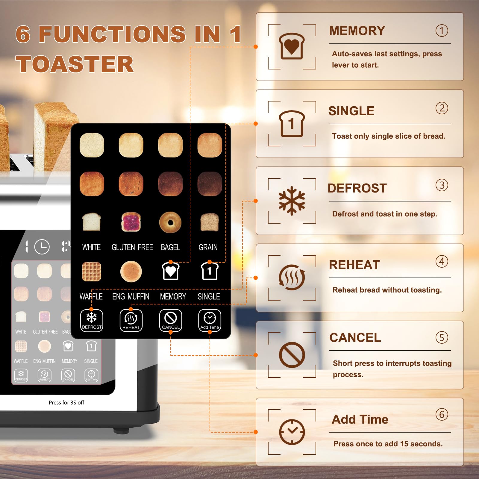 4 Slice Toaster Touch Screen, Stainless Steel Toasters Digital Timer, Dual Control Panel Toasters, 8 Shade Settings 6 Bread Types for Bagel, Cancel, Defrost 1650W