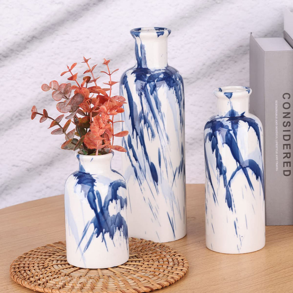 Blue Ceramic Vase Set - 3 Blue Small Vases, Farmhouse Country Flower Vase Home Decor, Living Room Decoration, Table Decoration, Fireplace Decor, and Entrance Decorations Centerpieces