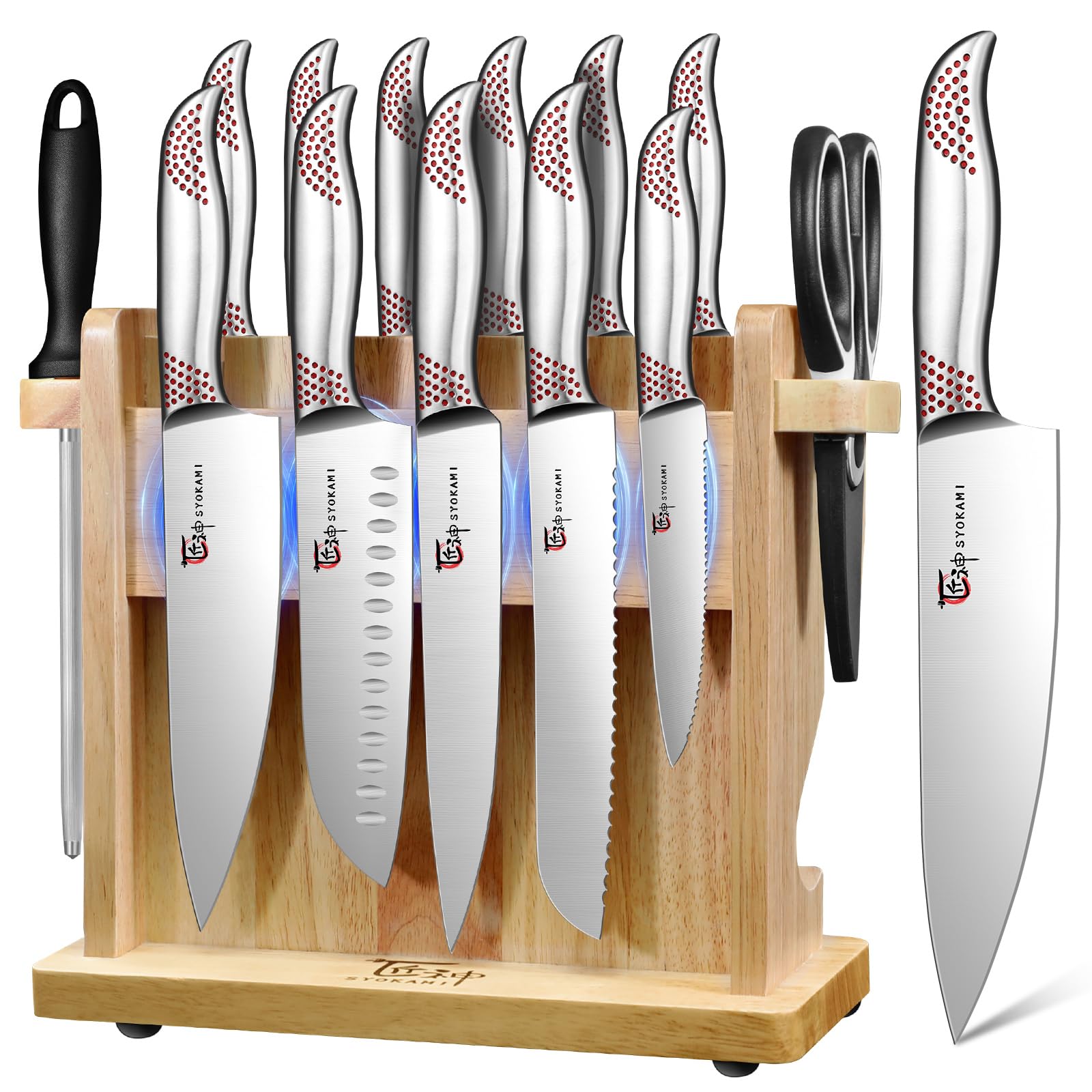 SYOKAMI Japanese Knives Set for Kitchen, Magnetic Knife Set with Block and Sharpener, Stainless Steel Knife Set as Gift for Couple, Wedding, Women or Mom with Gift Box, 14 PCS Black Dot