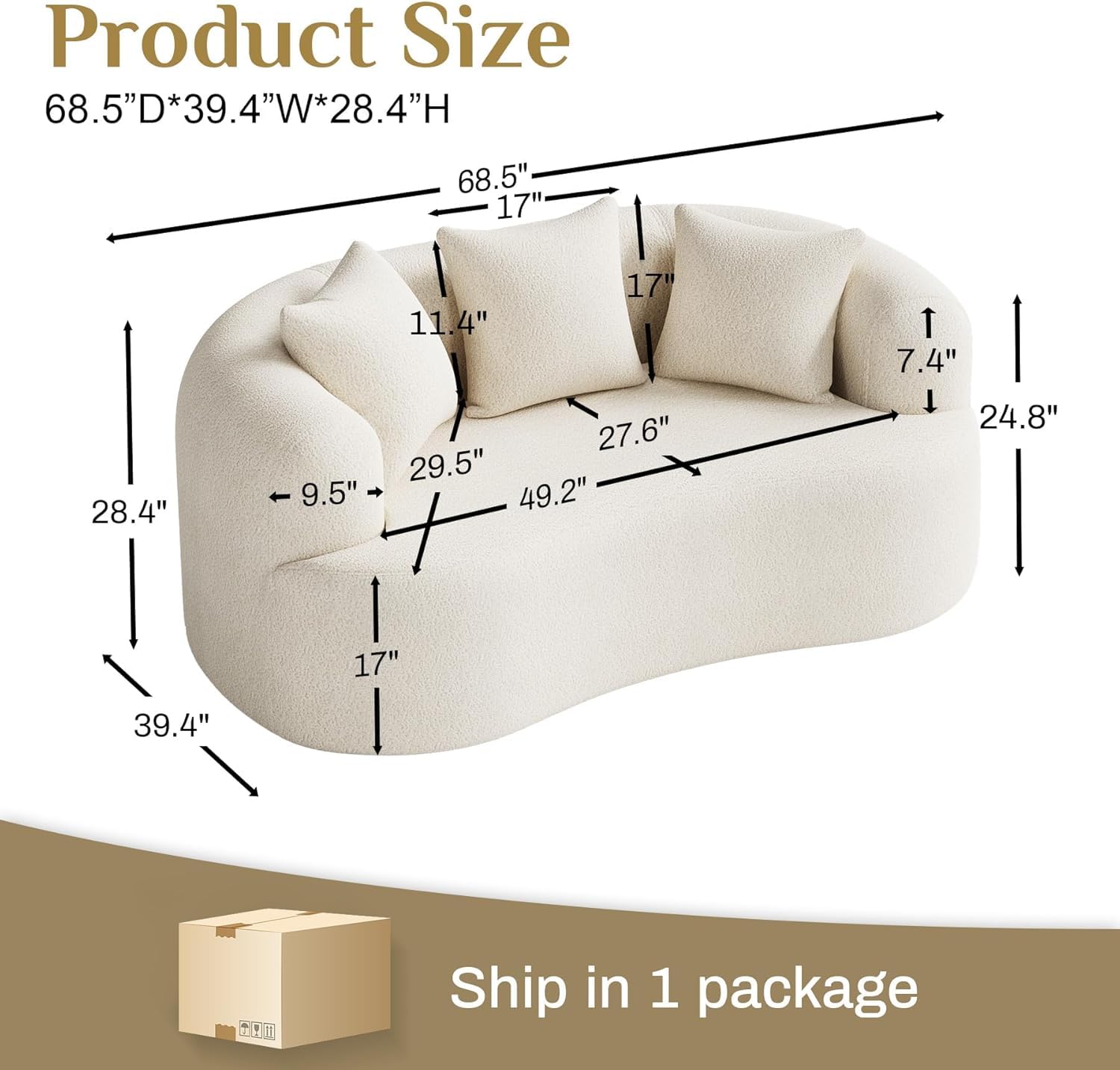 131" Oversized Sectional Sofa for Living Room, Modern Luxury Plush Chenille 4-Seater Extra Deep & Wide Seat Curved Cloud Couch with 4 Throw Pillows, No Assembly Needed, Light Brown