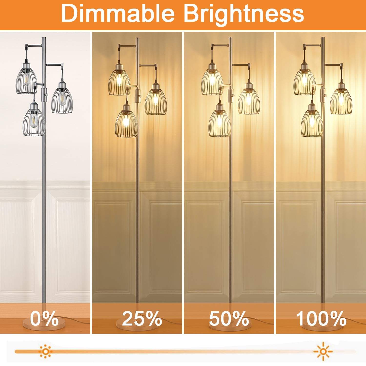 Dimmable Floor Lamp, Industrial Floor Lamps for Living Room, Gold Tree Lamp Standing Lamp Tall Lamps with 3 Elegant Teardrop Cage Head & 800 Lumens LED Bulbs for Living room Bedroom Office Dining Room