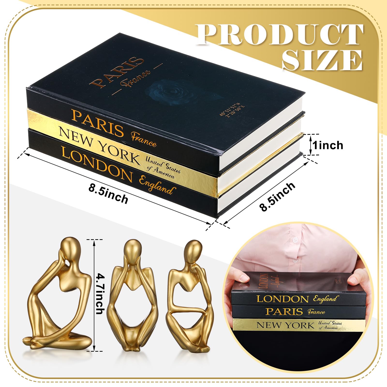 Feifeiya 6 Pcs Gold and Black Color Decorative Book & Thinker Statue Set - 3 Books Accents 3 Thinker Abstract Art Sculpture Home Decoration for Living Room Bookshelf Table Decor