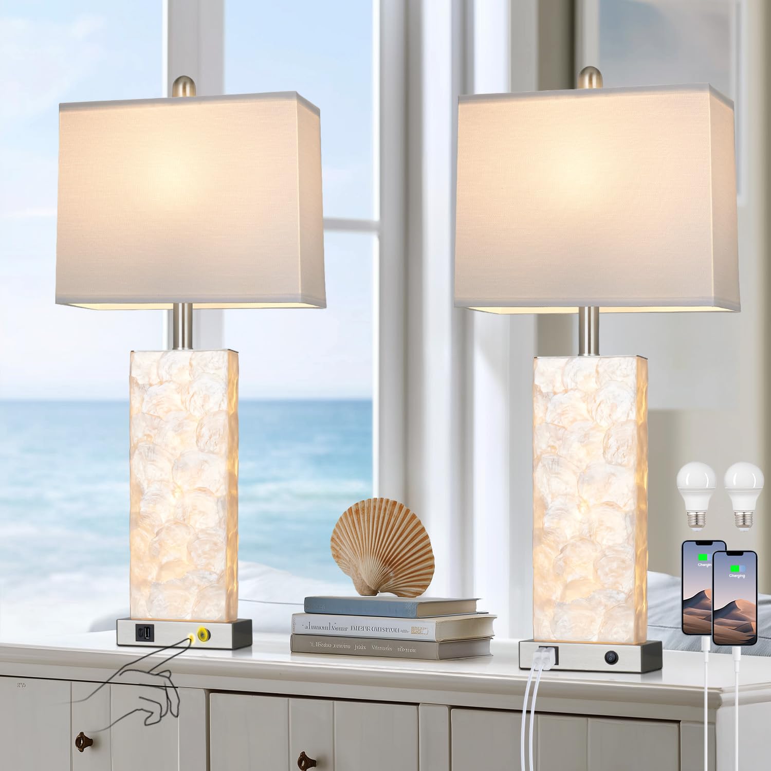 29" Gold Modern Table Lamps Set of 2, 3-Way Dimmable Touch Lamps for Nightstand with USB A+C & Outlets,Brass Lamps for Living Room, Bedroom, Nightstand, Entryway(2 Bulbs Included)
