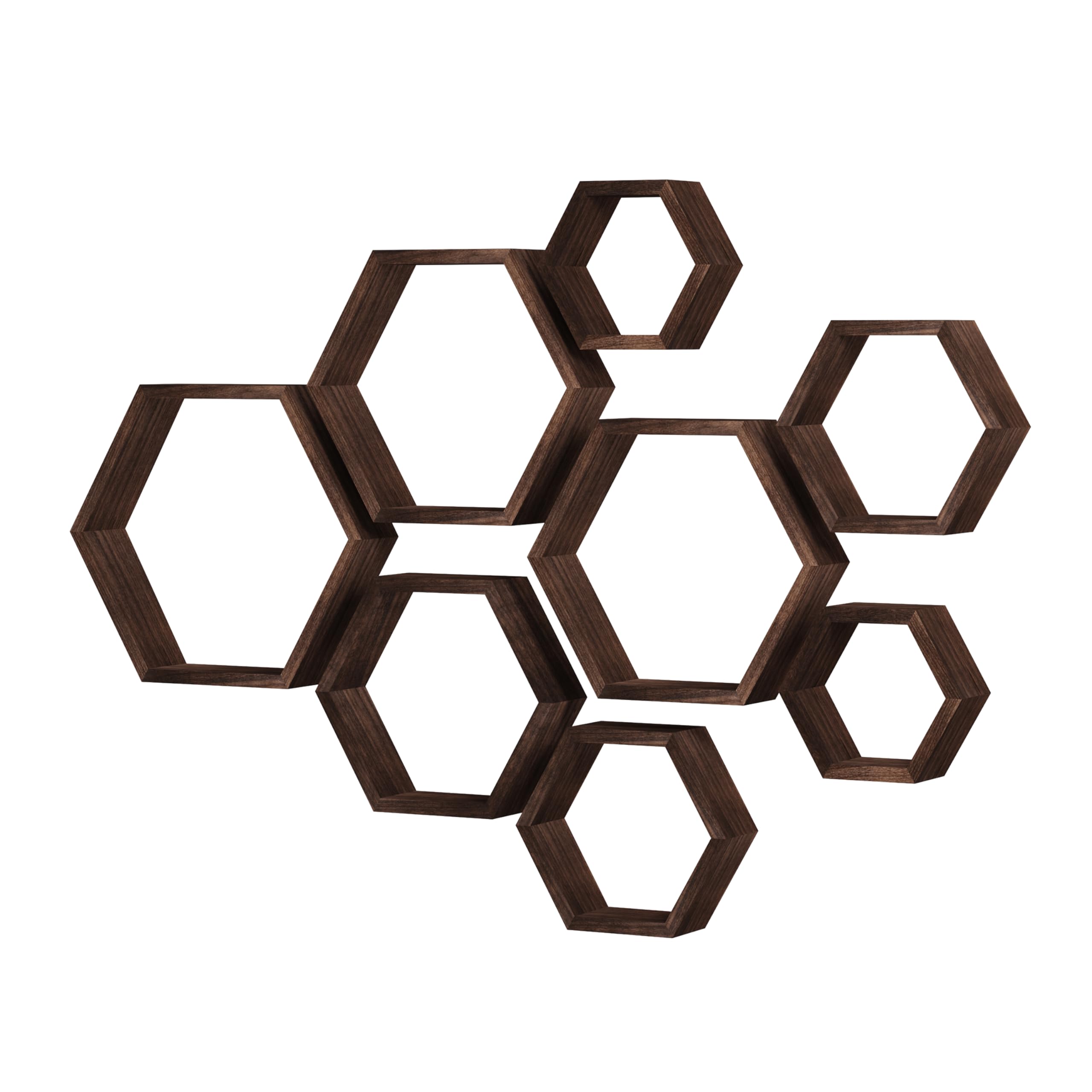WONFUlity Hexagon Floating Shelves Honeycomb Shelves Wall Mounted Wood Farmhouse Storage Wall Shelf for Bathroom, Kitchen, Bedroom, Living Room,Driftwood Finish Decor,Dark Brwon