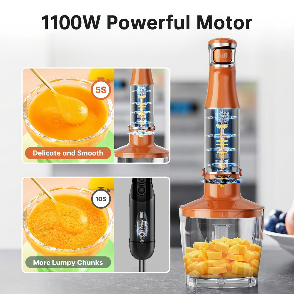 Turelar Immersion Blender Handheld Corded Hand Blenders Set 1100W, Trigger Variable Speed 5 in 1 Stick Emulsifier with Chopper, Whisk and Frother for Soup, Baby Food and Smoothies, Navy Blue