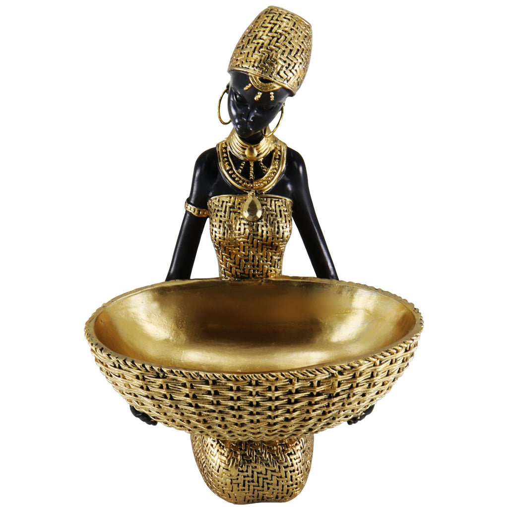 Lescafita African Woman Sculpture with Gold Leaf Bowl, Handmade Resin Figurine, Exotic Tribal Art Statue for Living Room, Dining Table, or Entryway Decoration