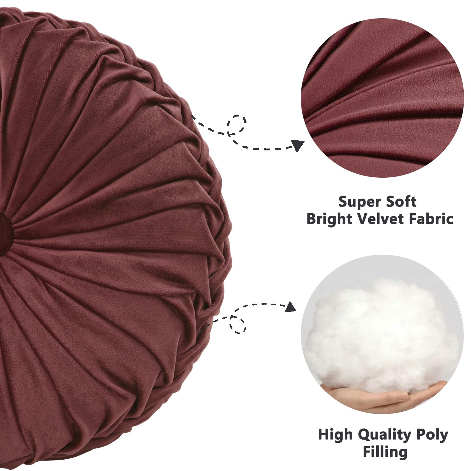 HIG Set of 2 Decorative Round Pleated Throw Pillows,Classy Accent Pumpkin Throw Pillows with Center Button,Vintage Velvet Floor Pillows for Sofa Vanity Chair Bed,Dusty Rose,14.5" Diameter(Ripple)
